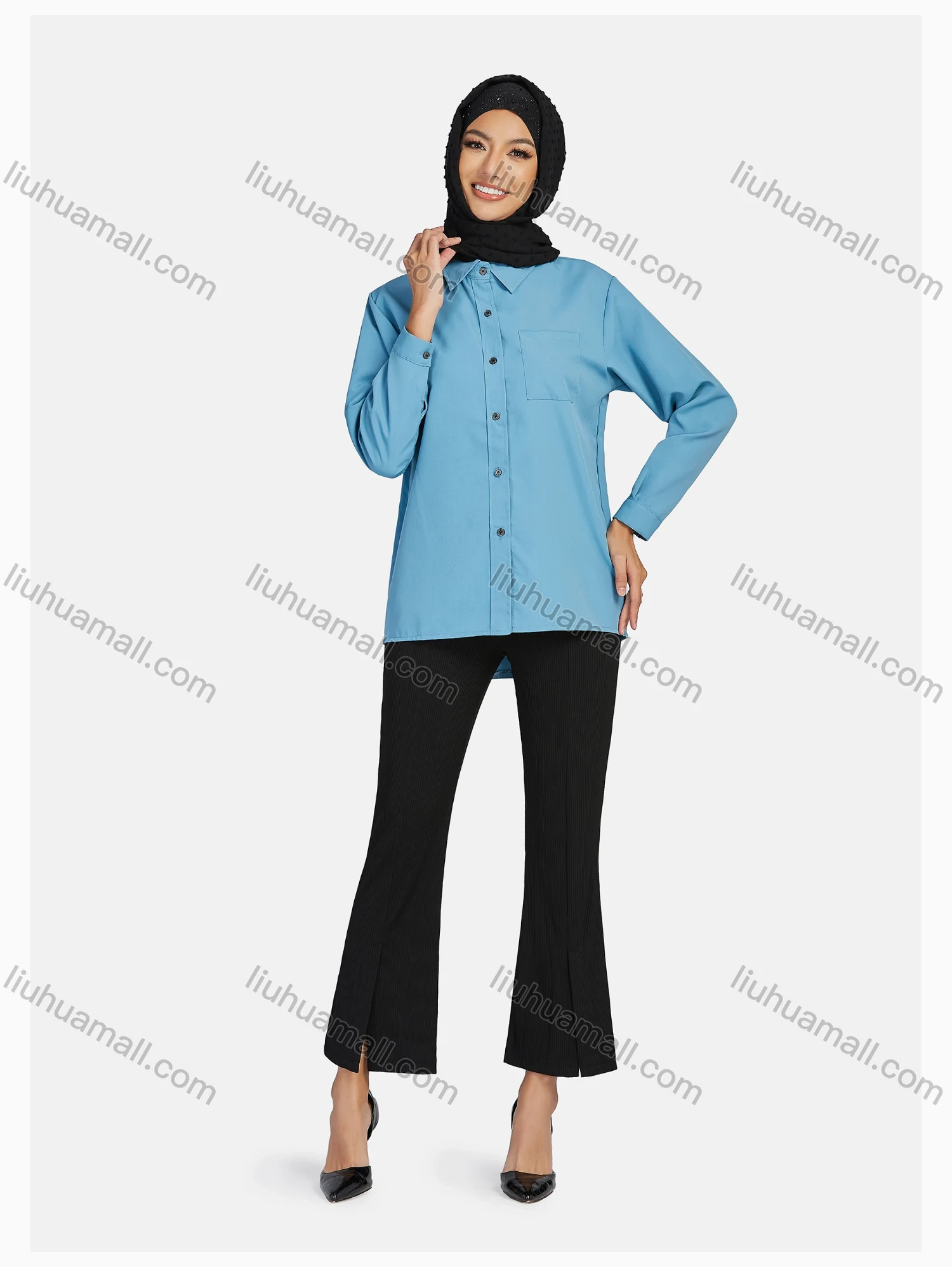 Wholesale Women's Elegant Elastic Waist Pleated Loose Casual Split Front Flare Trouser - Liuhuamall