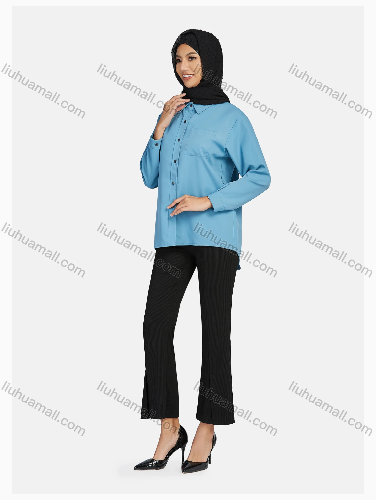 Wholesale Women's Elegant Elastic Waist Pleated Loose Casual Split Front Flare Trouser - Liuhuamall