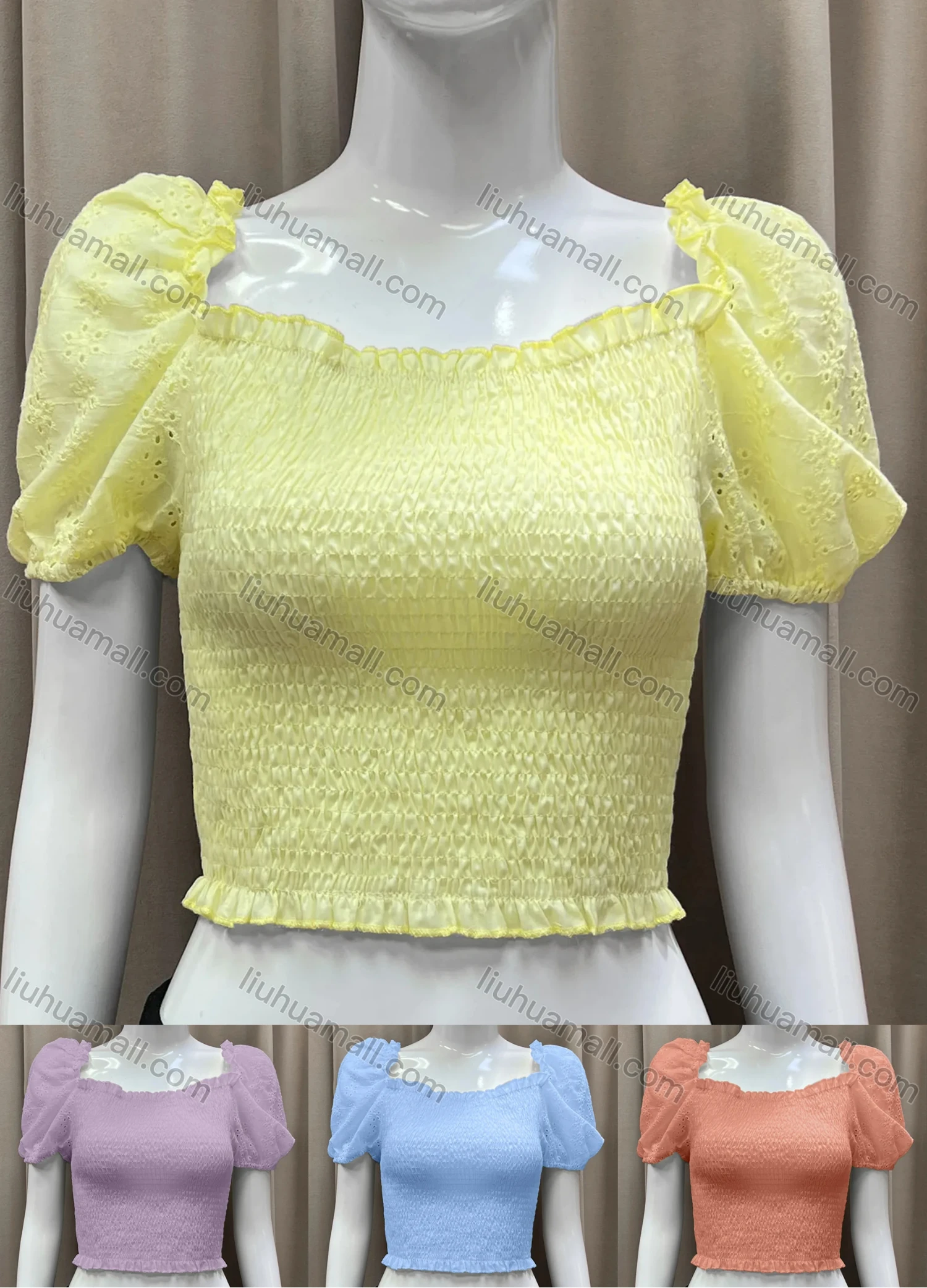 Wholesale Women's Causal Square Neck Puff Sleeve Embroidered Ruffle Trim Plain Crop Top - Liuhuamall
