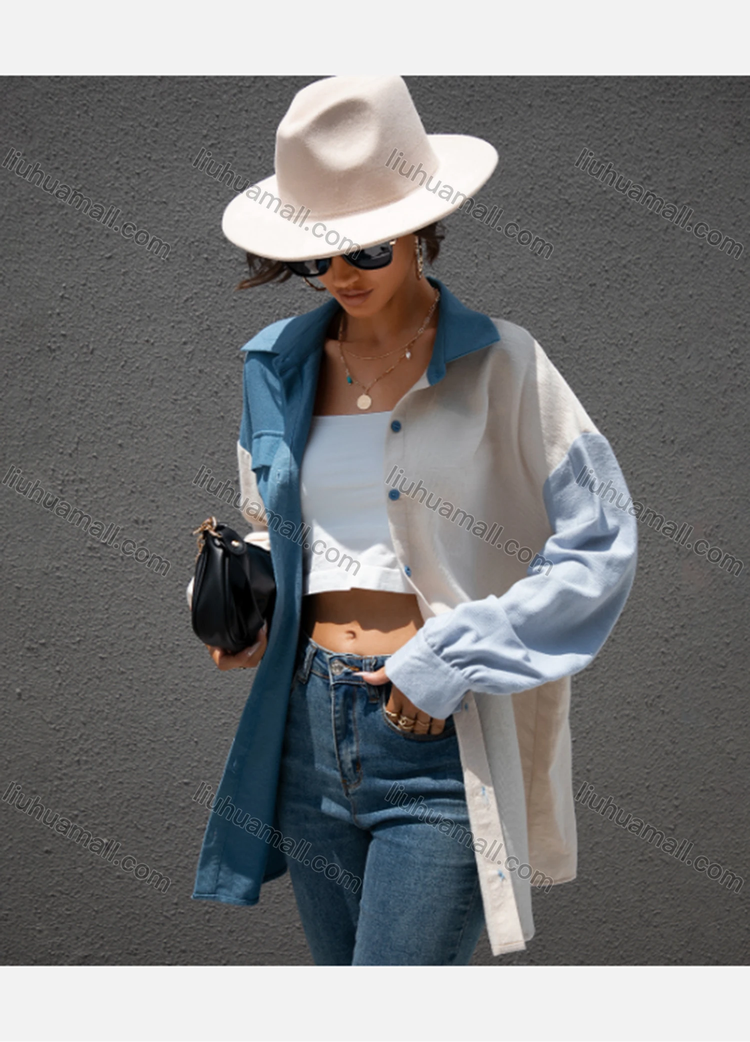 Wholesale Women's Casual Splicing Colorblock Button Down Long Sleeve Tunic - Liuhuamall