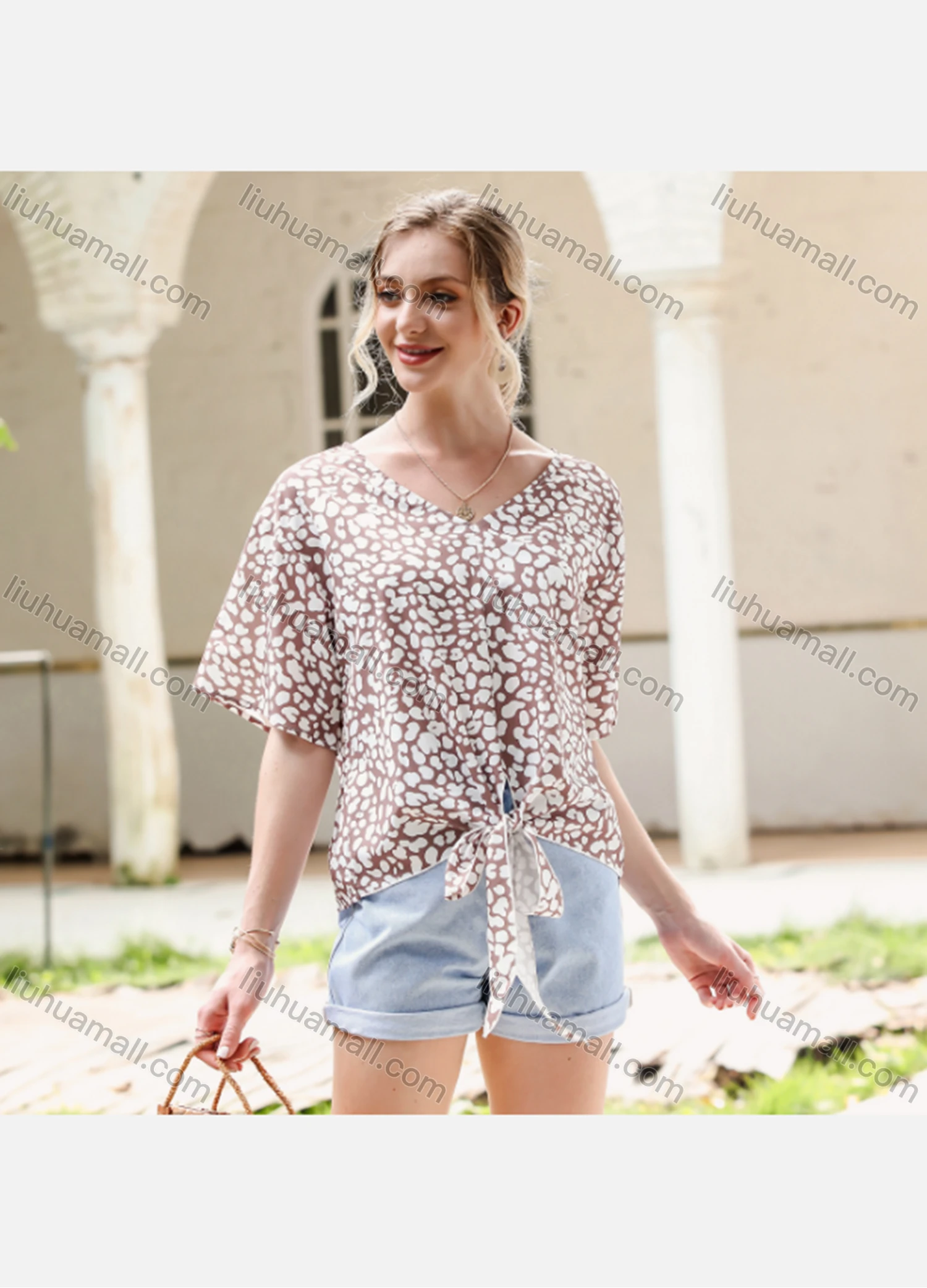 Wholesale Women's Casual Allover Print V Neck Half Sleeve Tie Front Blouse - Liuhuamall