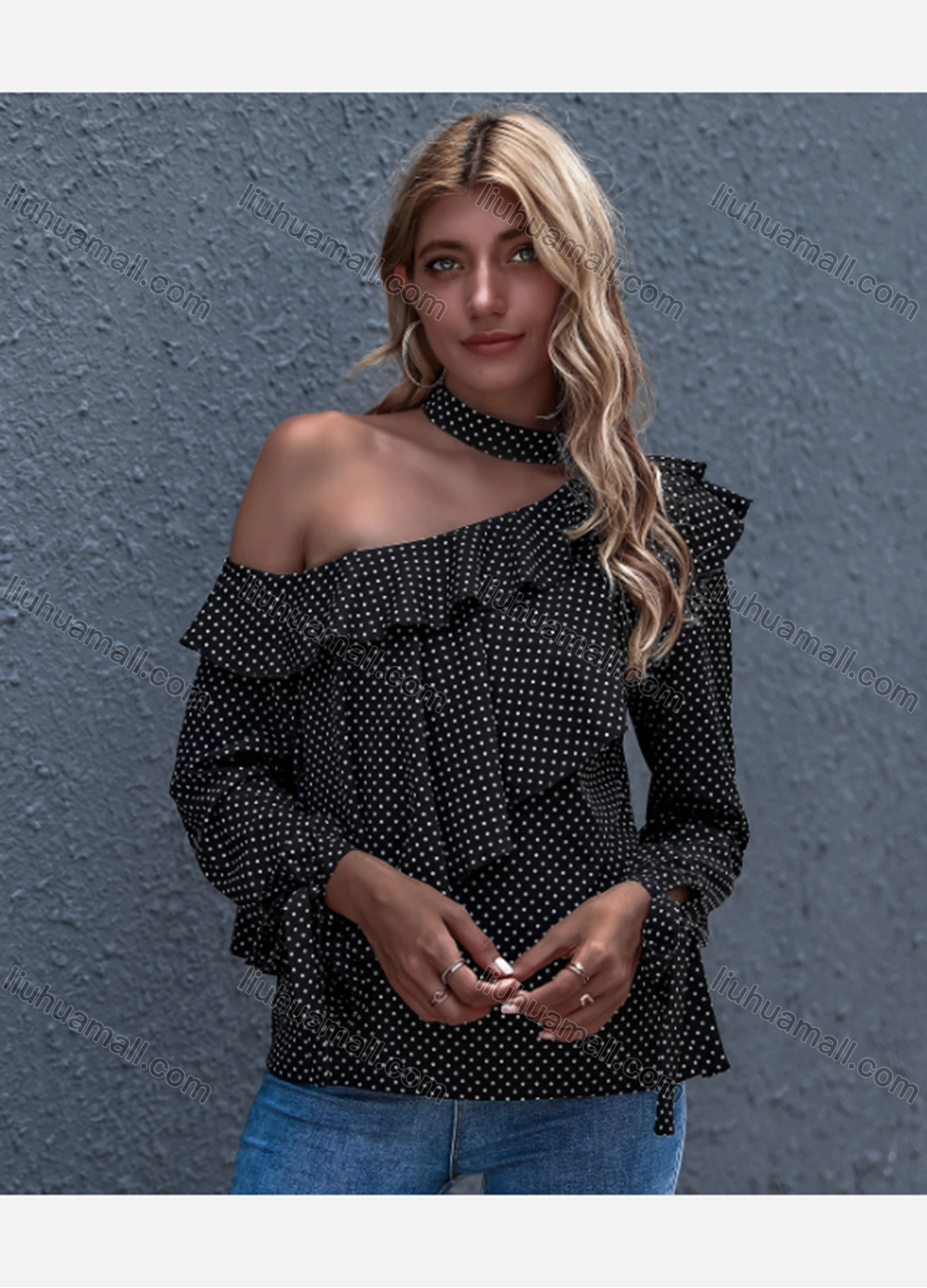 Wholesale Women's Casual Pin Dot Slanted Shoulder Layered Ruffle Trim Long Sleeve Blouse - Liuhuamall