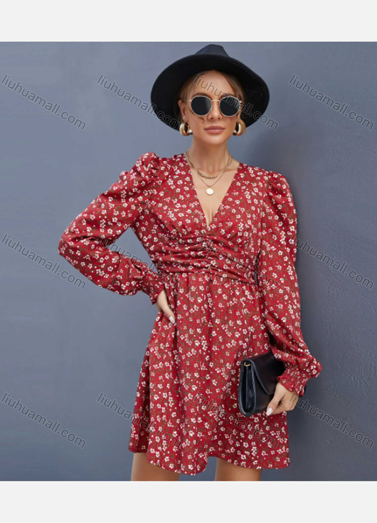 Wholesale Women's Casual Floral Print V Neck Long Sleeve Ruffle Hem Short Dress - Liuhuamall