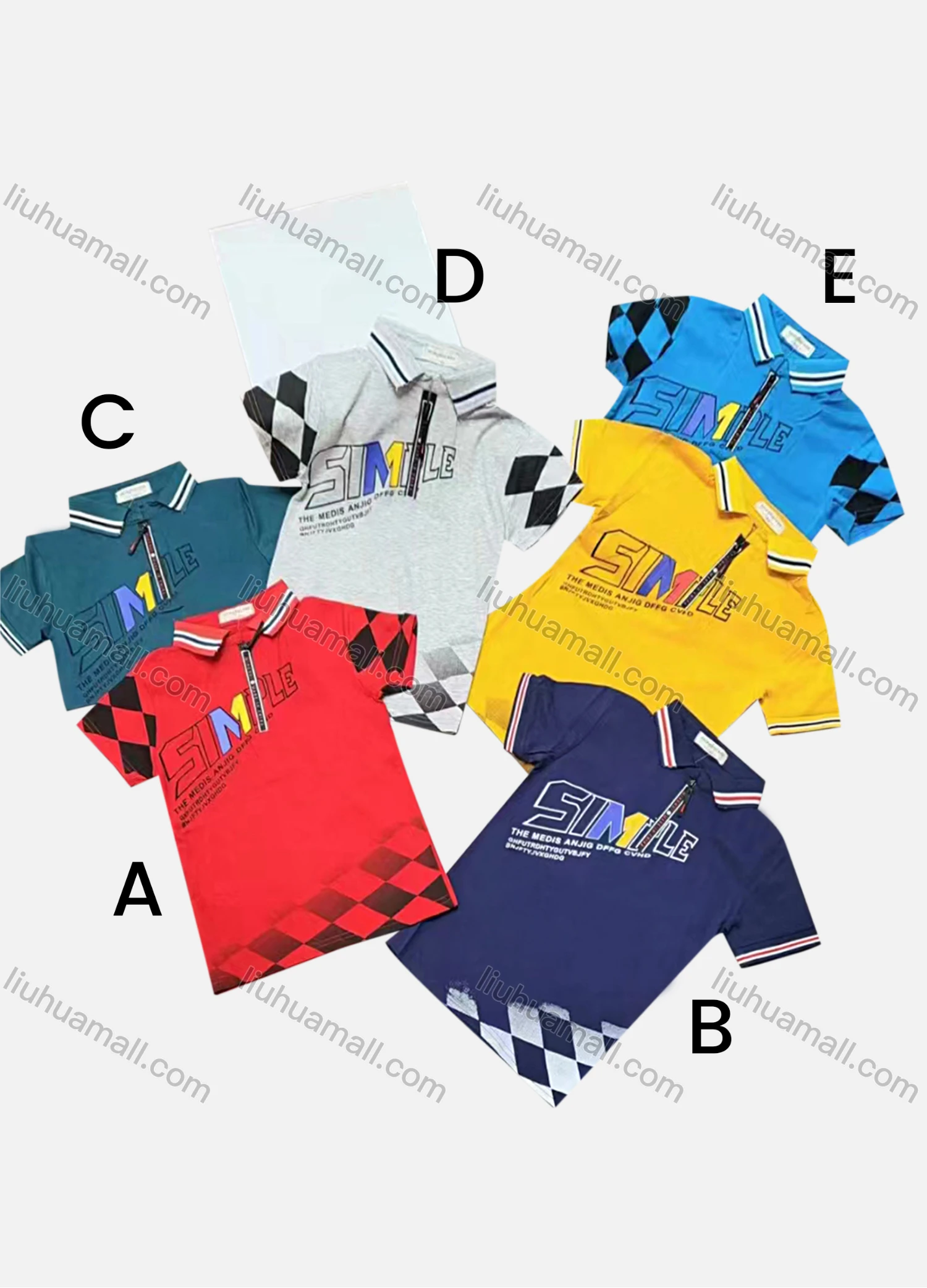 Wholesale Boys Casual Short Sleeve Letter Checkerboard Gradient Print Zipper Front Polo Shirts - Liuhuamall