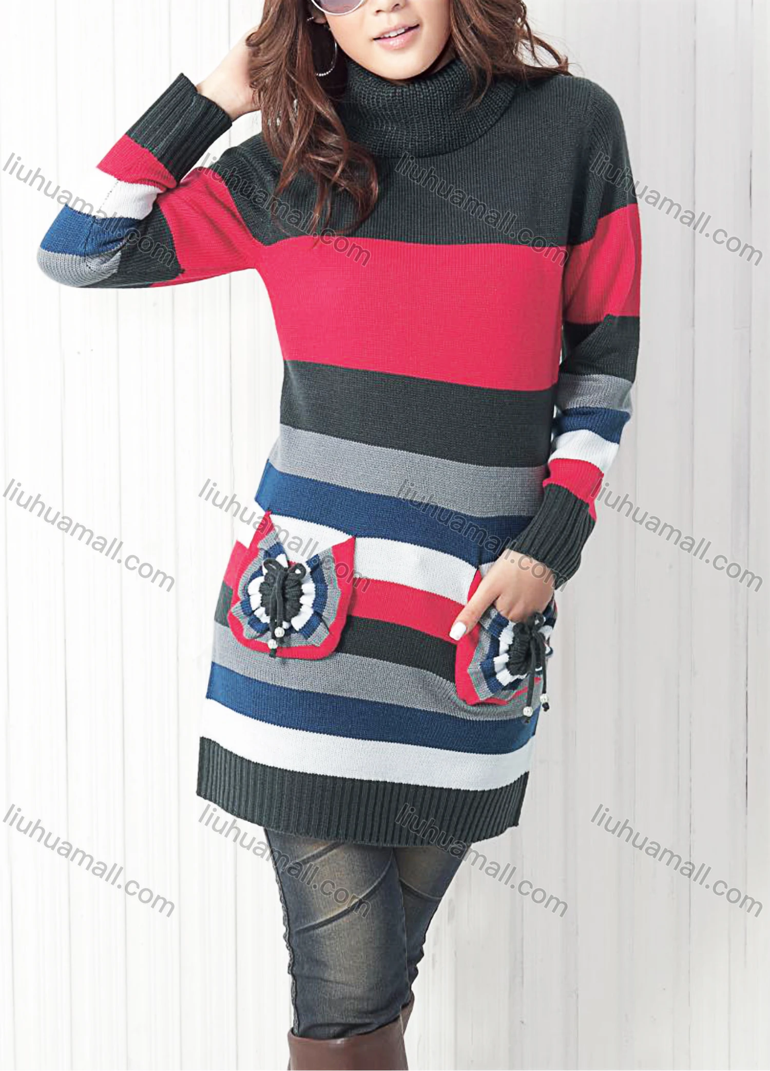 Wholesale Women's Turtleneck Long Sleeve Colorblock Dual Pockets Mid Length Pullover Sweater - Liuhuamall