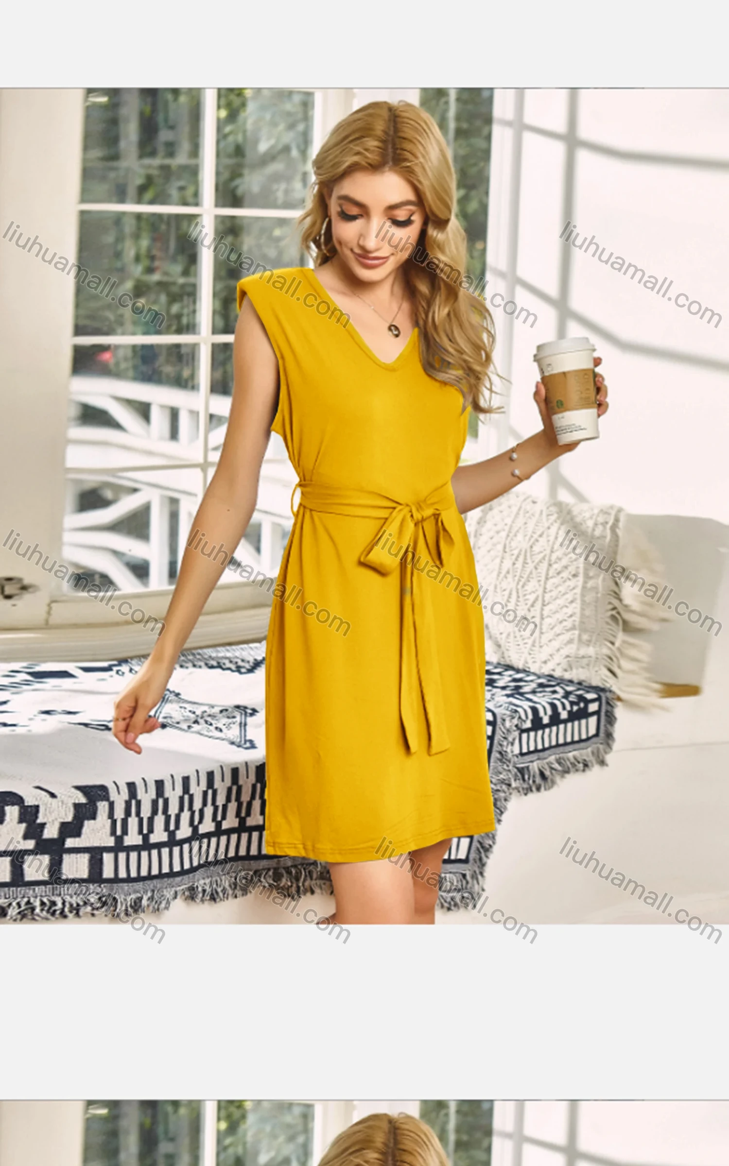 Wholesale Women's Casual Plain V Neck Tie Front Short Tank Dress 3080X# - Liuhuamall
