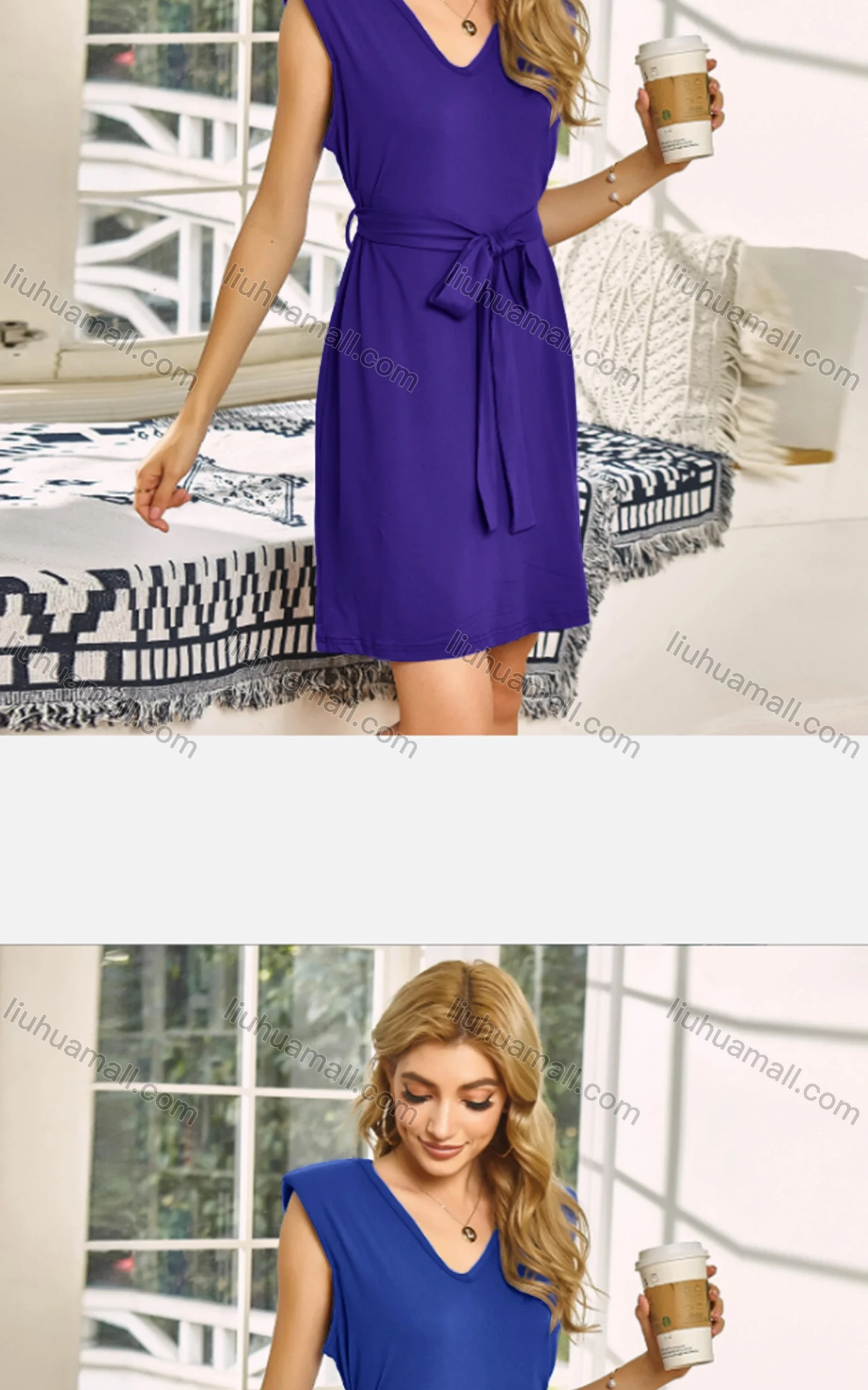 Wholesale Women's Casual Plain V Neck Tie Front Short Tank Dress 3080X# - Liuhuamall