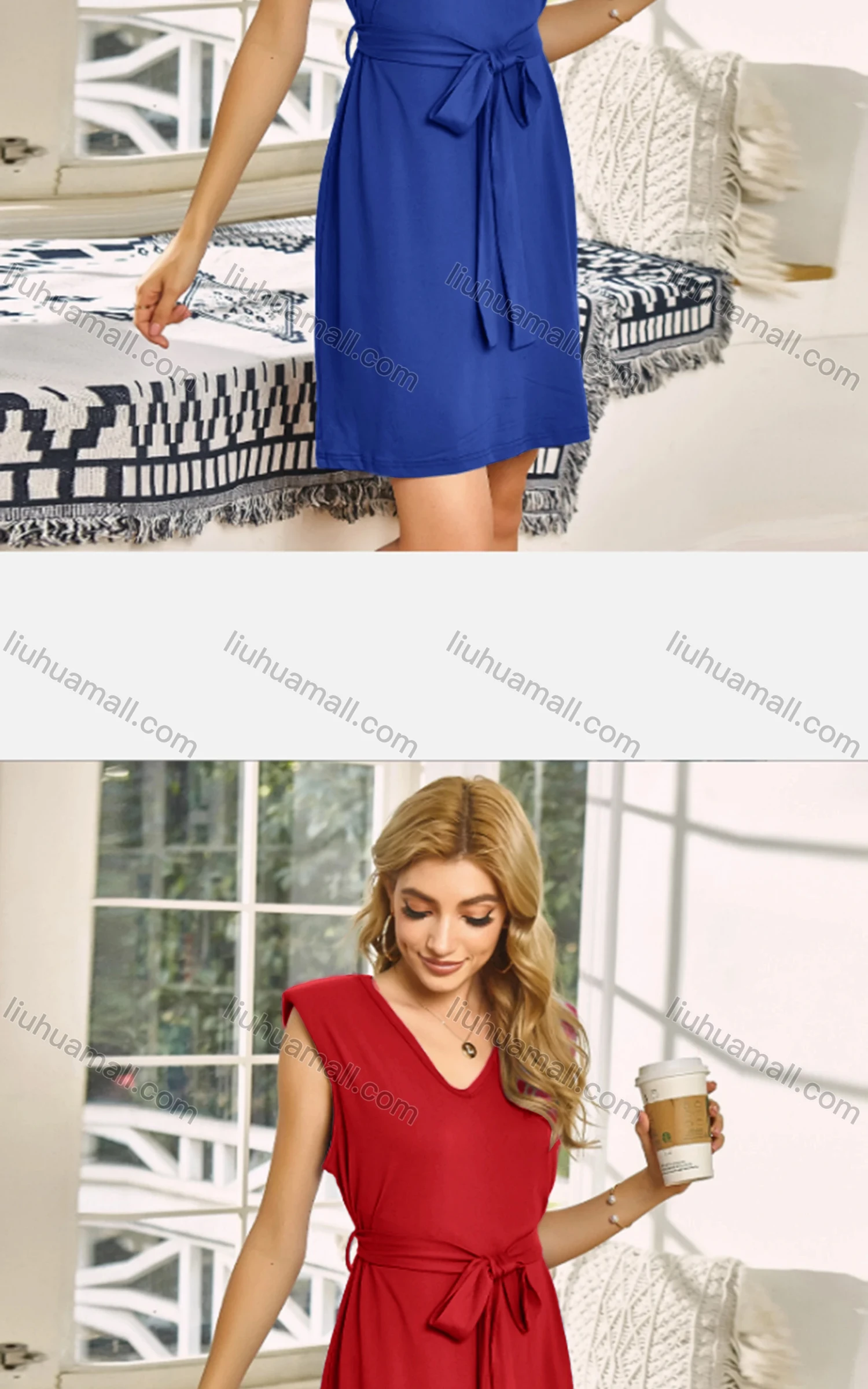 Wholesale Women's Casual Plain V Neck Tie Front Short Tank Dress 3080X# - Liuhuamall