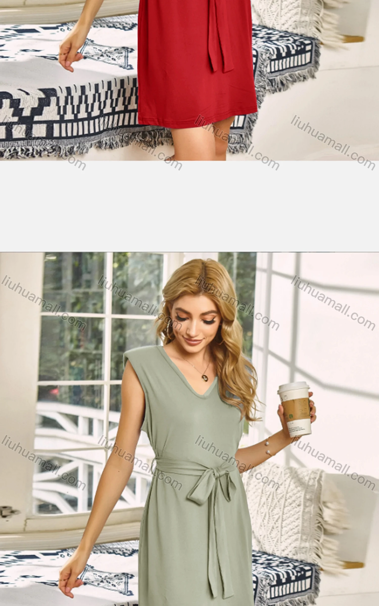 Wholesale Women's Casual Plain V Neck Tie Front Short Tank Dress 3080X# - Liuhuamall