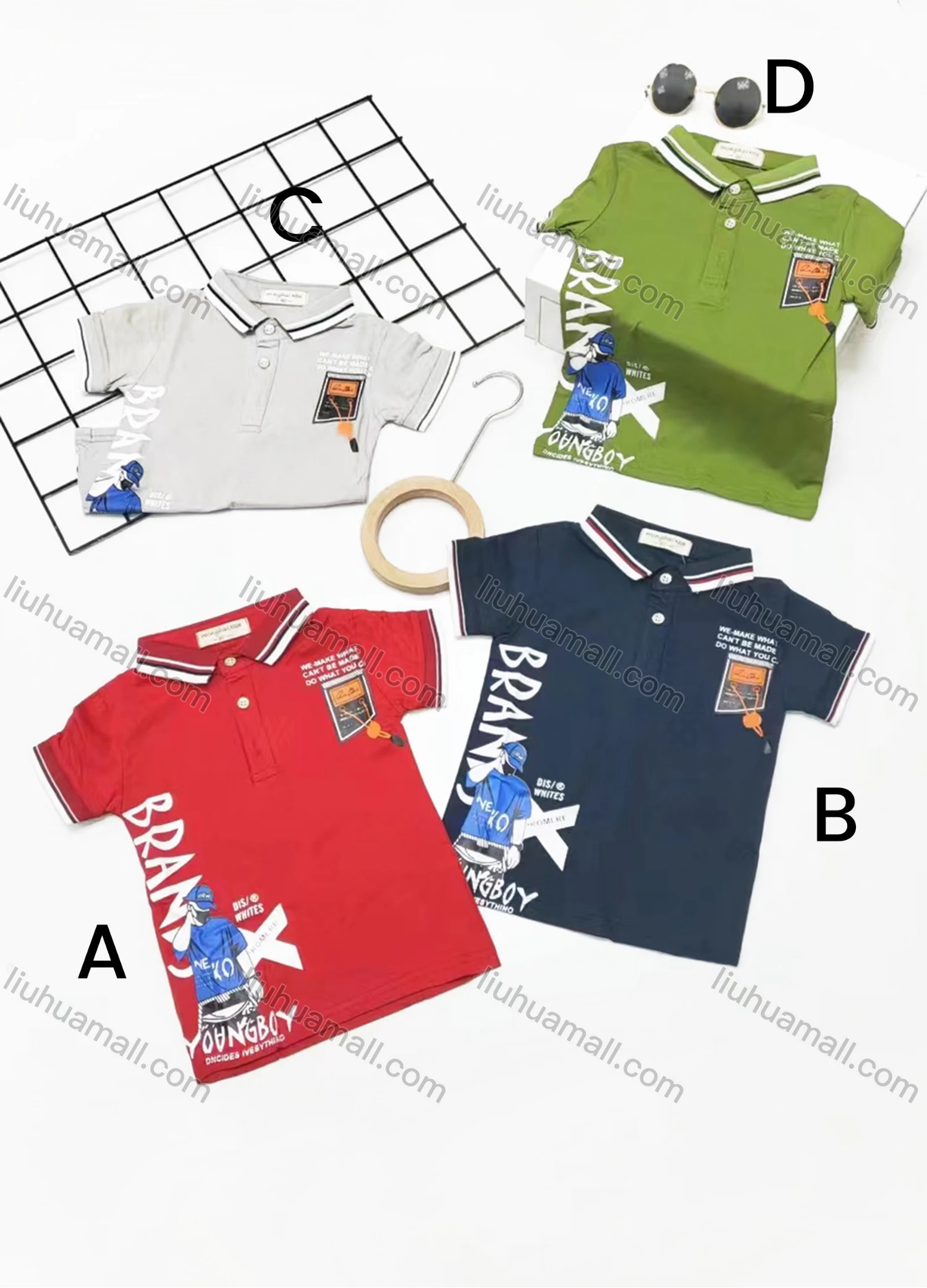 Wholesale Boys Casual Short Sleeve Letter Graphic Button Front Polo Shirts - Liuhuamall