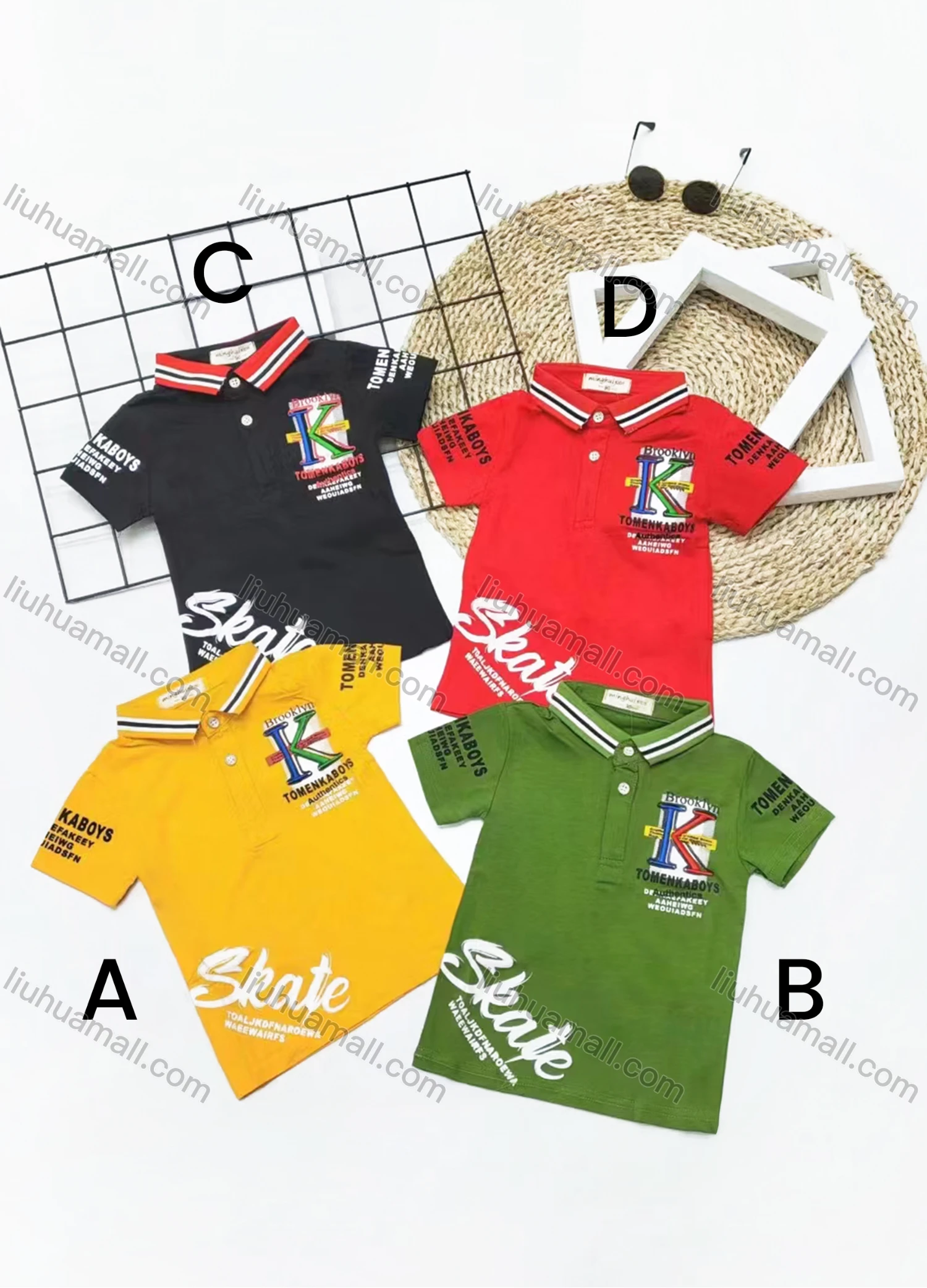 Wholesale Boys Casual Short Sleeve Embroidery Letter Graphic Button Front Polo Shirts - Liuhuamall