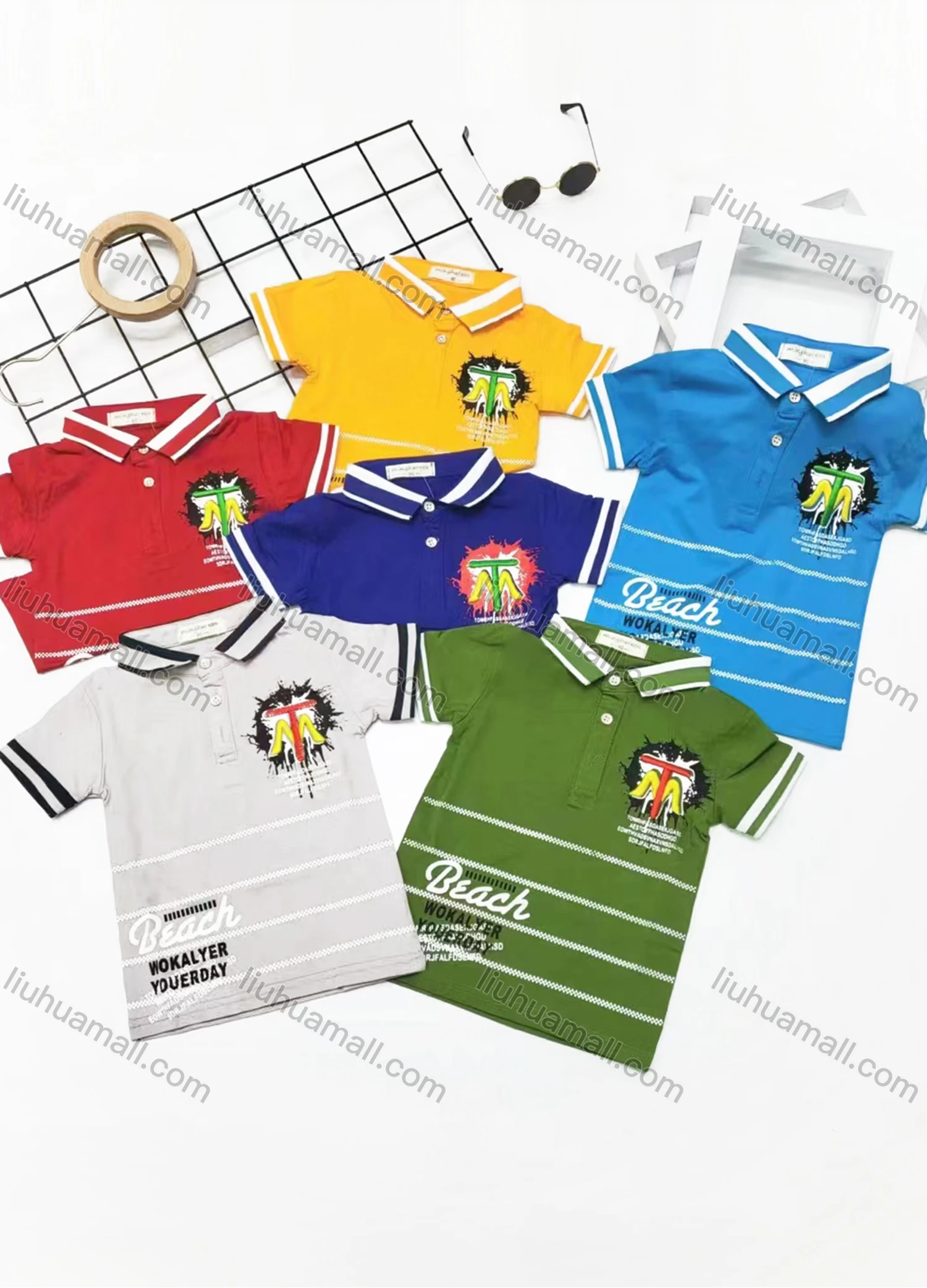 Wholesale Boys Casual Short Sleeve Embroidery Letter Striped Button Front Polo Shirts - Liuhuamall