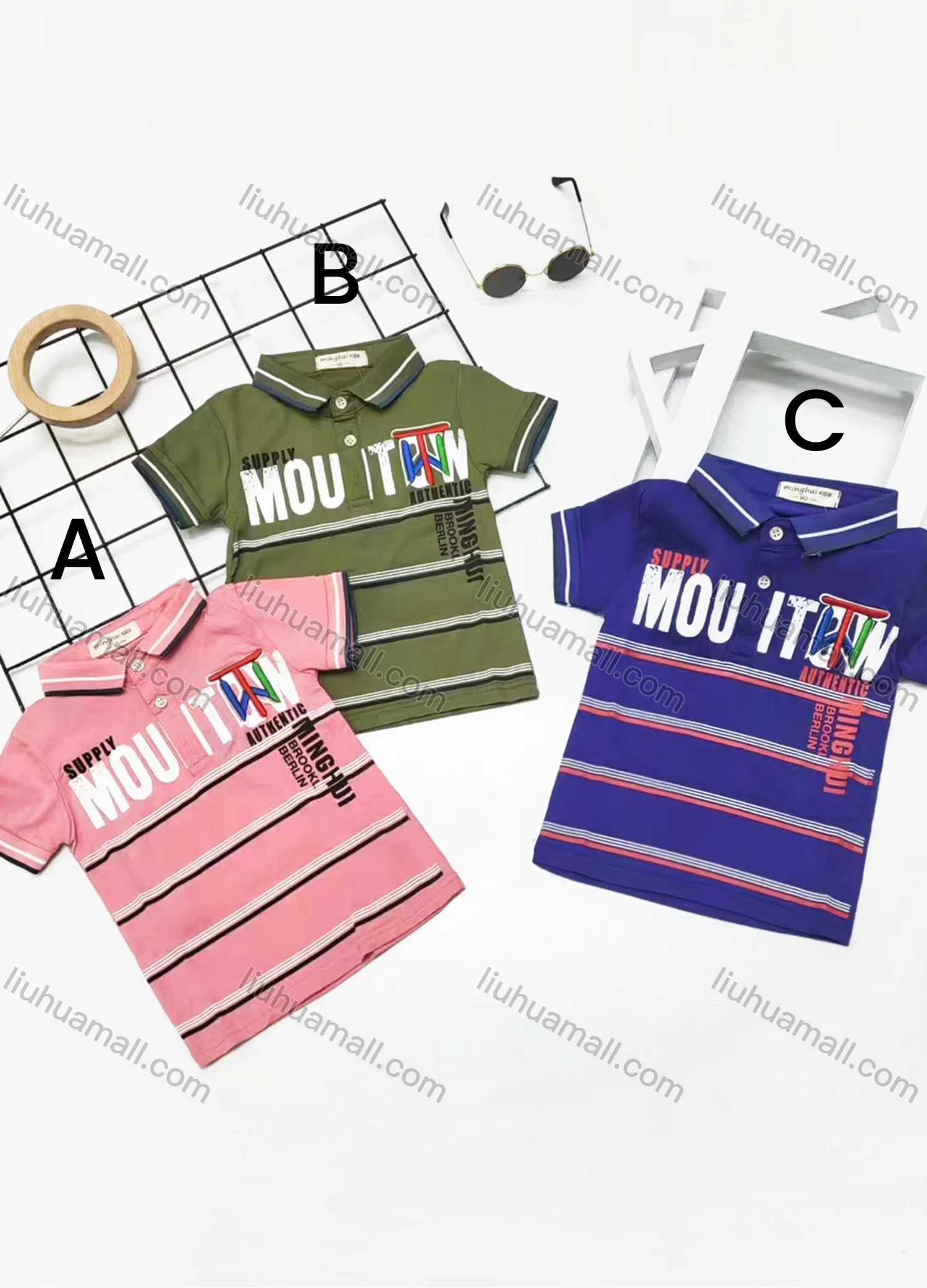 Wholesale Boys Casual Short Sleeve Embroidery Letter Striped Button Front Polo Shirts - Liuhuamall