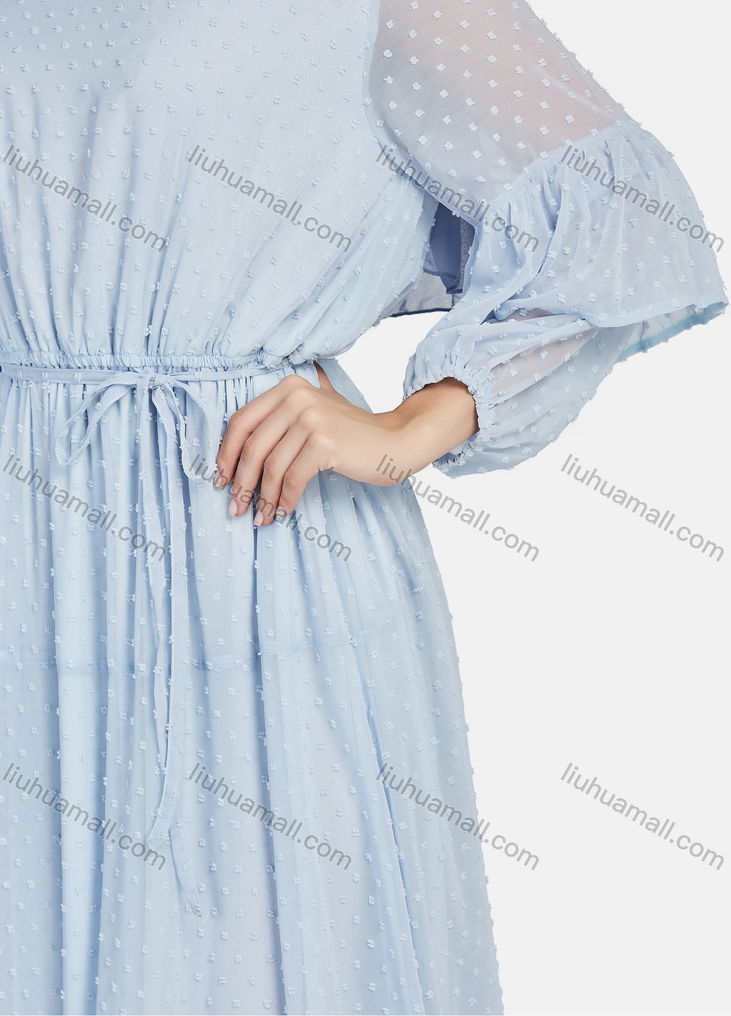 Wholesale Women's Casual Plain Swiss Dot Semi-sheer Long Sleeve Tie Front Ruffle Hem Maxi Dress - Liuhuamall