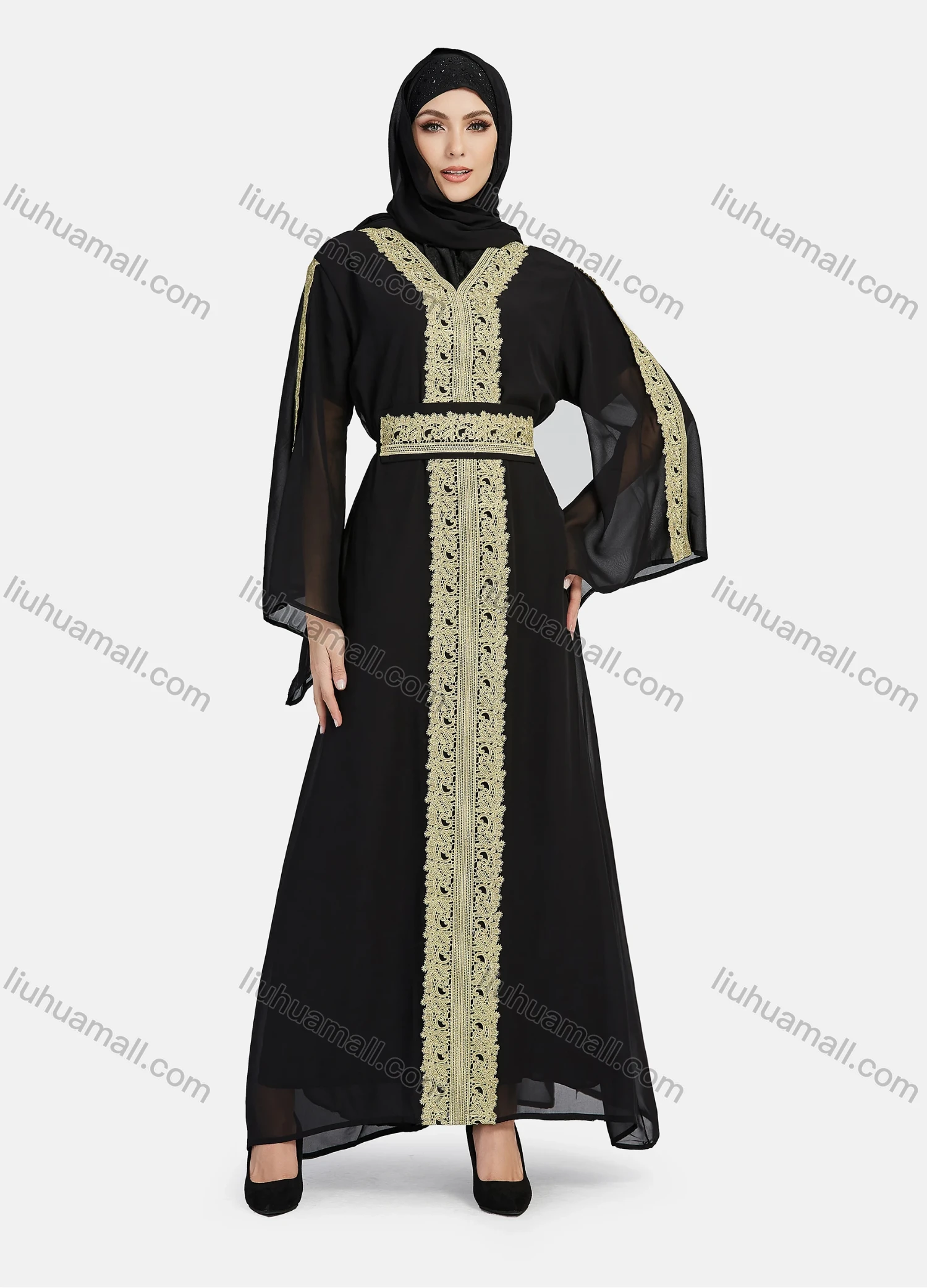 Wholesale Women's Chiffon Vintage Muslim Islamic Embroidery Maxi Abaya Dress R811# - Liuhuamall
