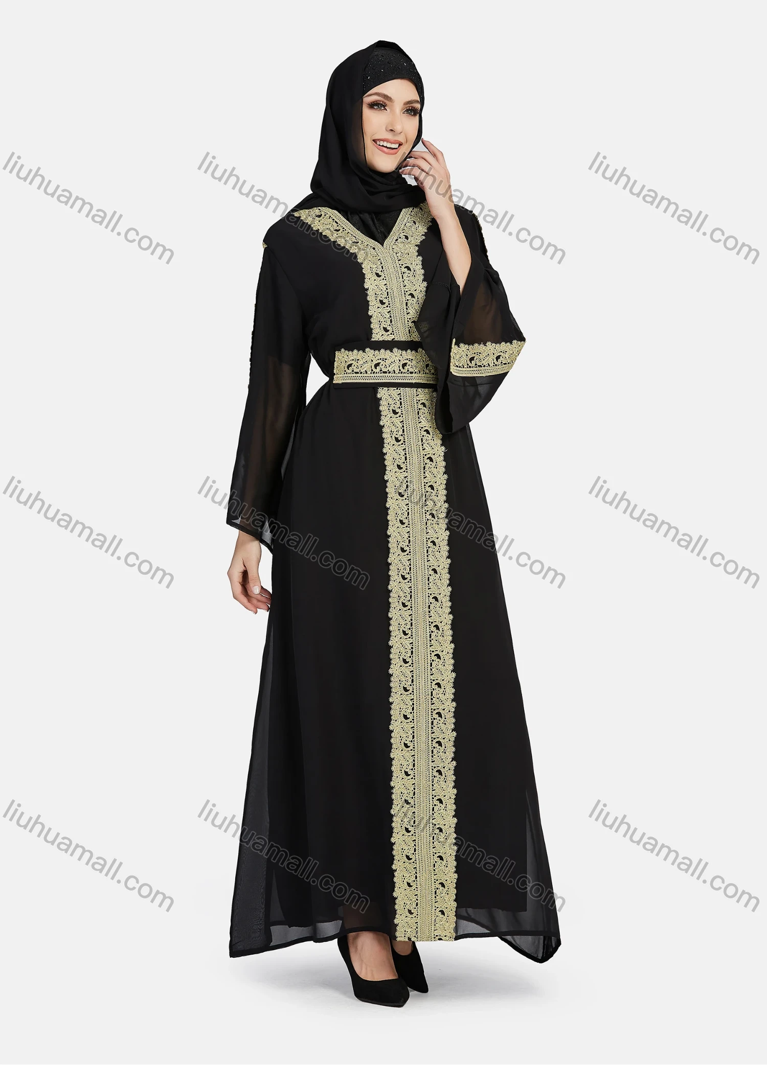 Wholesale Women's Chiffon Vintage Muslim Islamic Embroidery Maxi Abaya Dress R811# - Liuhuamall