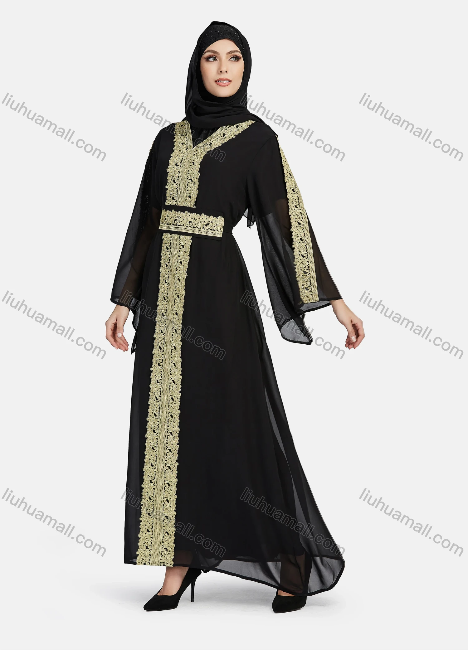 Wholesale Women's Chiffon Vintage Muslim Islamic Embroidery Maxi Abaya Dress R811# - Liuhuamall