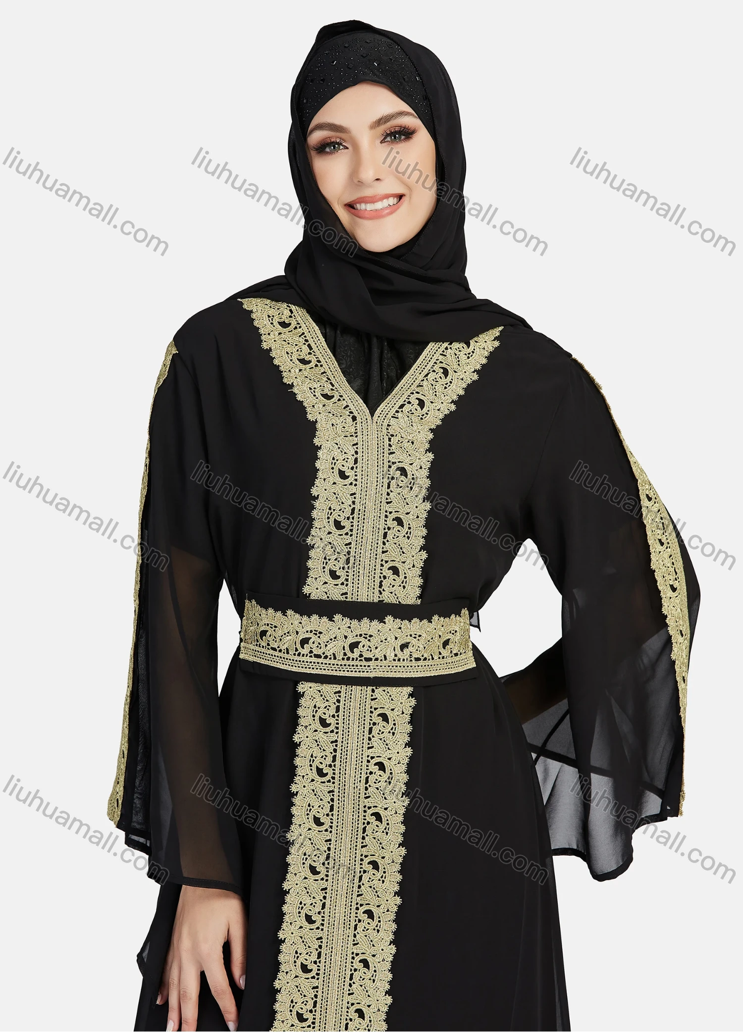 Wholesale Women's Chiffon Vintage Muslim Islamic Embroidery Maxi Abaya Dress R811# - Liuhuamall