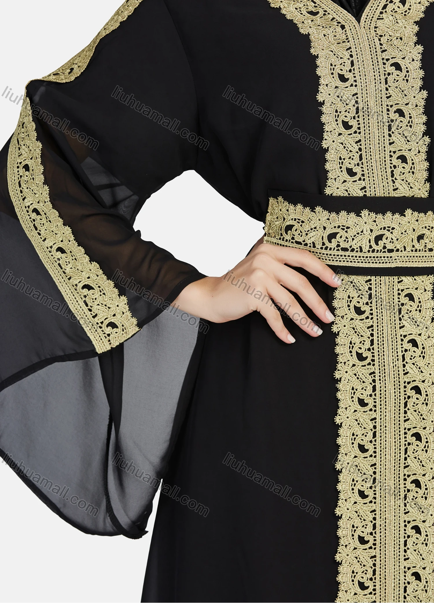 Wholesale Women's Chiffon Vintage Muslim Islamic Embroidery Maxi Abaya Dress R811# - Liuhuamall
