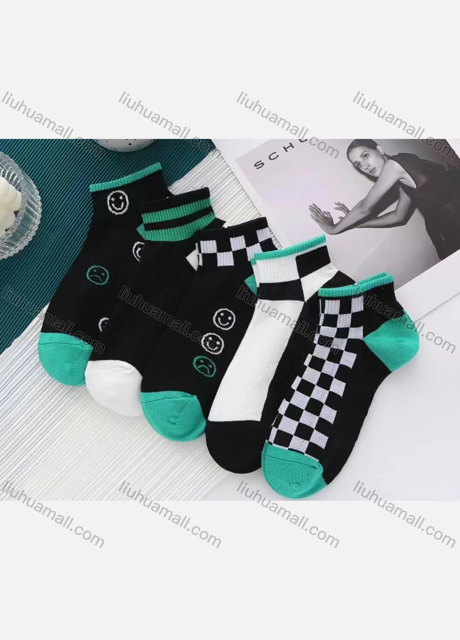 Wholesale Boys Comfy Colorblock Smiley Face Print Crew Ankle Socks(10 Piece of Pack) - Liuhuamall