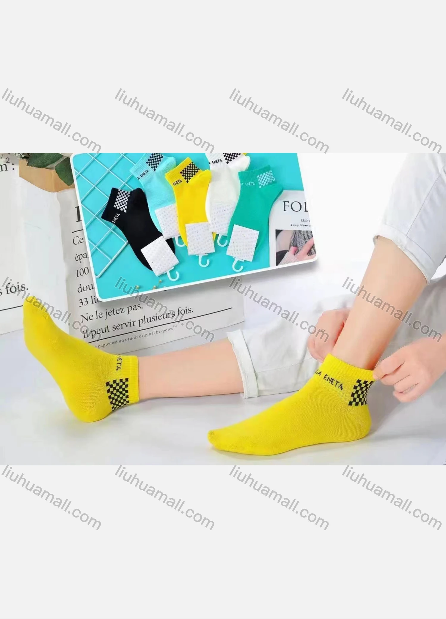 Wholesale Boys Comfy Letter Checkerboard Print Crew Ankle Socks(10 Piece of Pack) - Liuhuamall