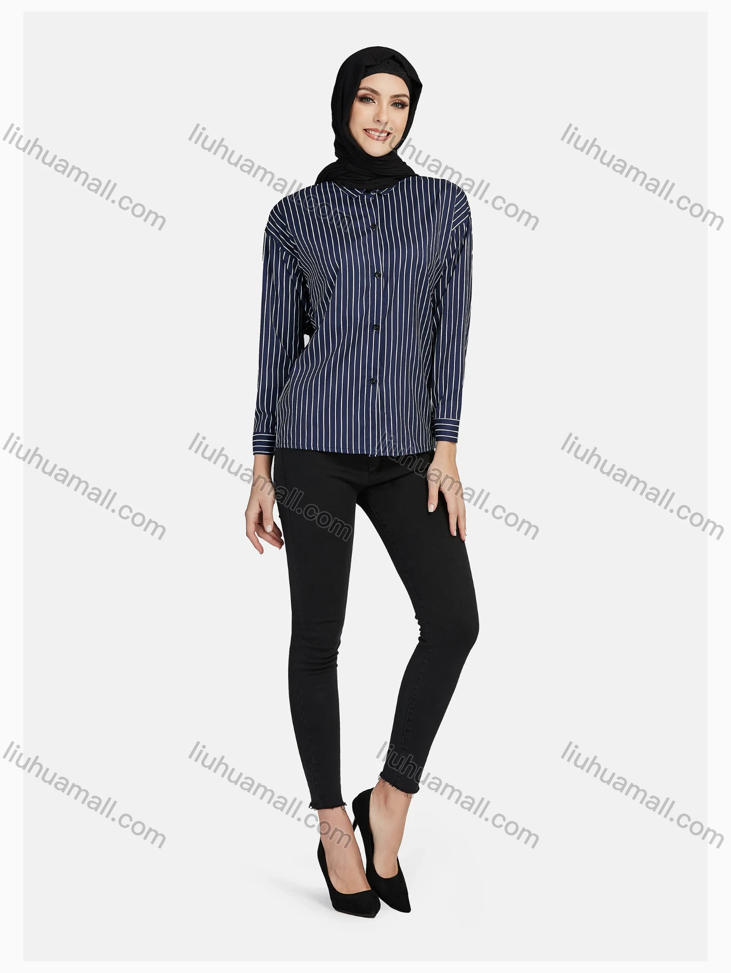 Wholesale Women's Casual Shirt Collar Button Down Shirt Without Hijab - Liuhuamall