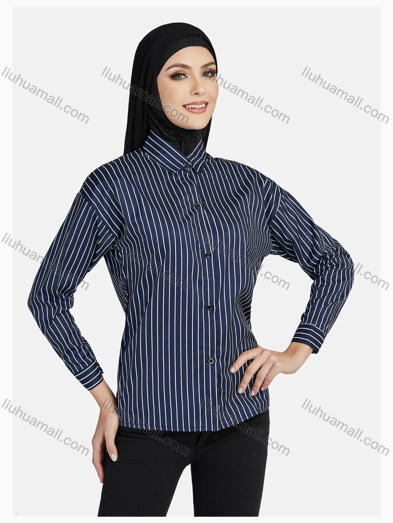 Wholesale Women's Casual Shirt Collar Button Down Shirt Without Hijab - Liuhuamall