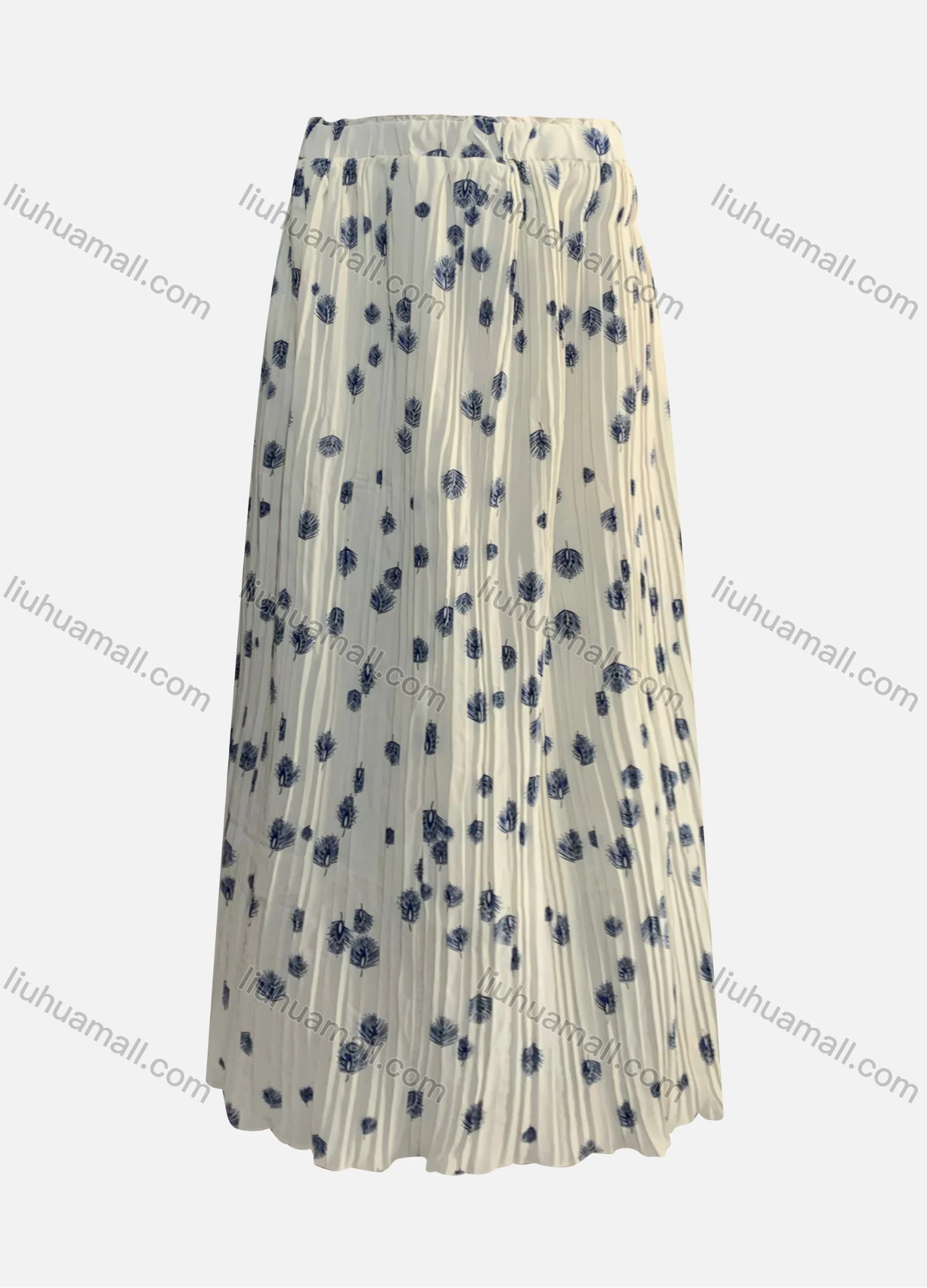 Wholesale Women's Casual Pleated Leaf Print Elastic Waist Chiffon Maxi Skirt - Liuhuamall