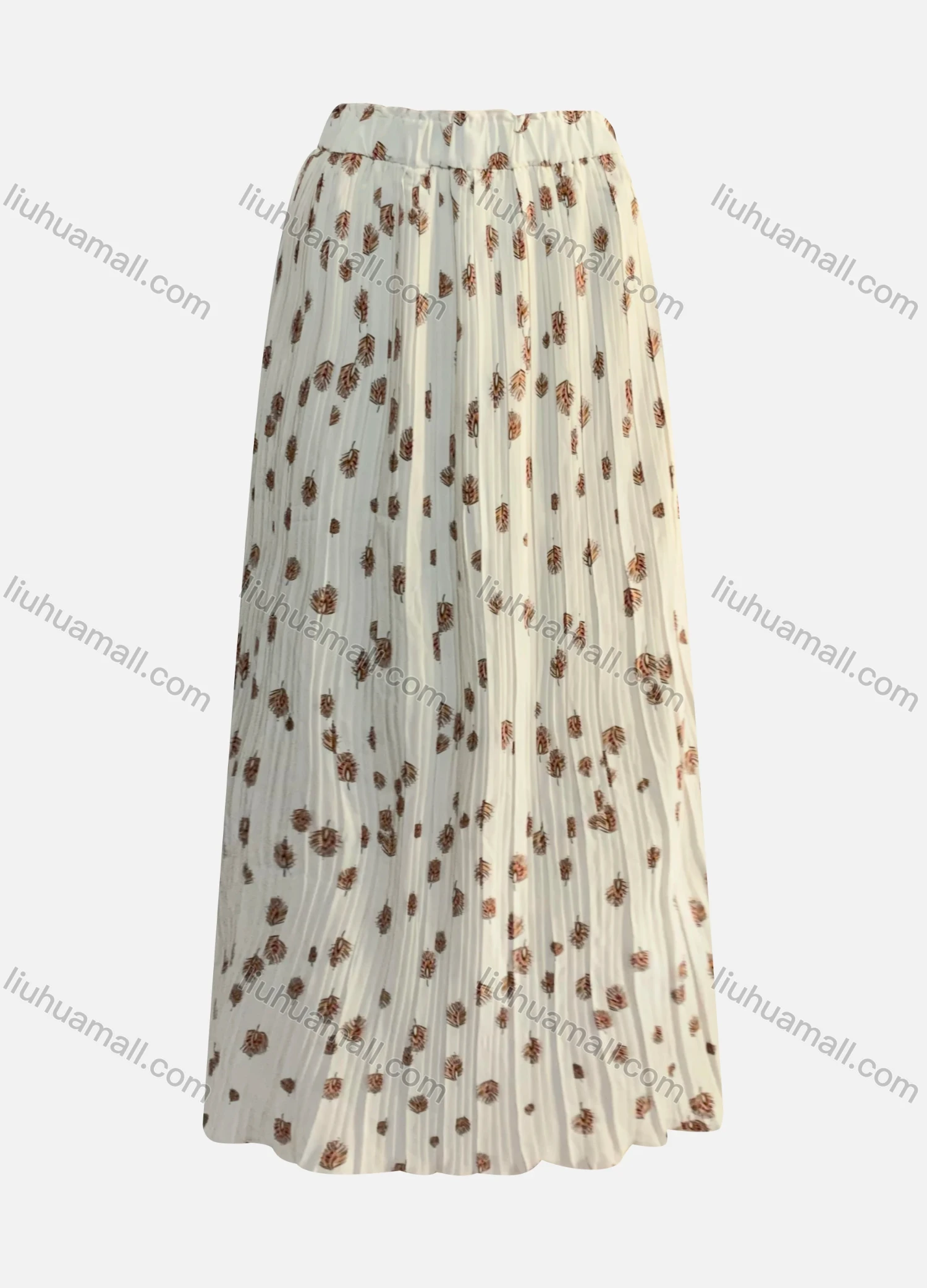 Wholesale Women's Casual Pleated Leaf Print Elastic Waist Chiffon Maxi Skirt - Liuhuamall