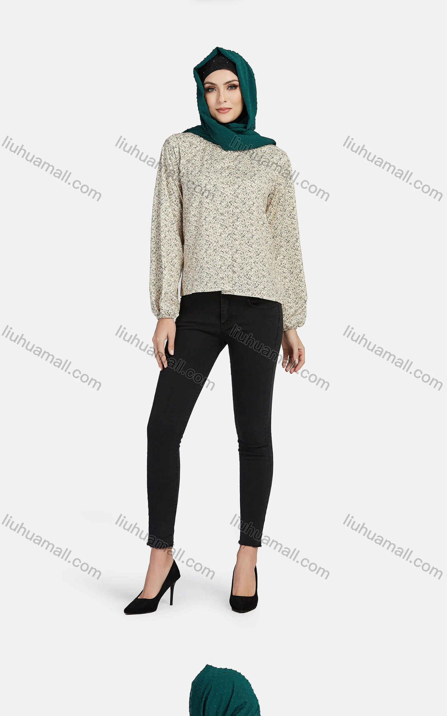 Wholesale Women's Casual Crew Neck Button Down Floral Print Blouse Without Hijab - Liuhuamall