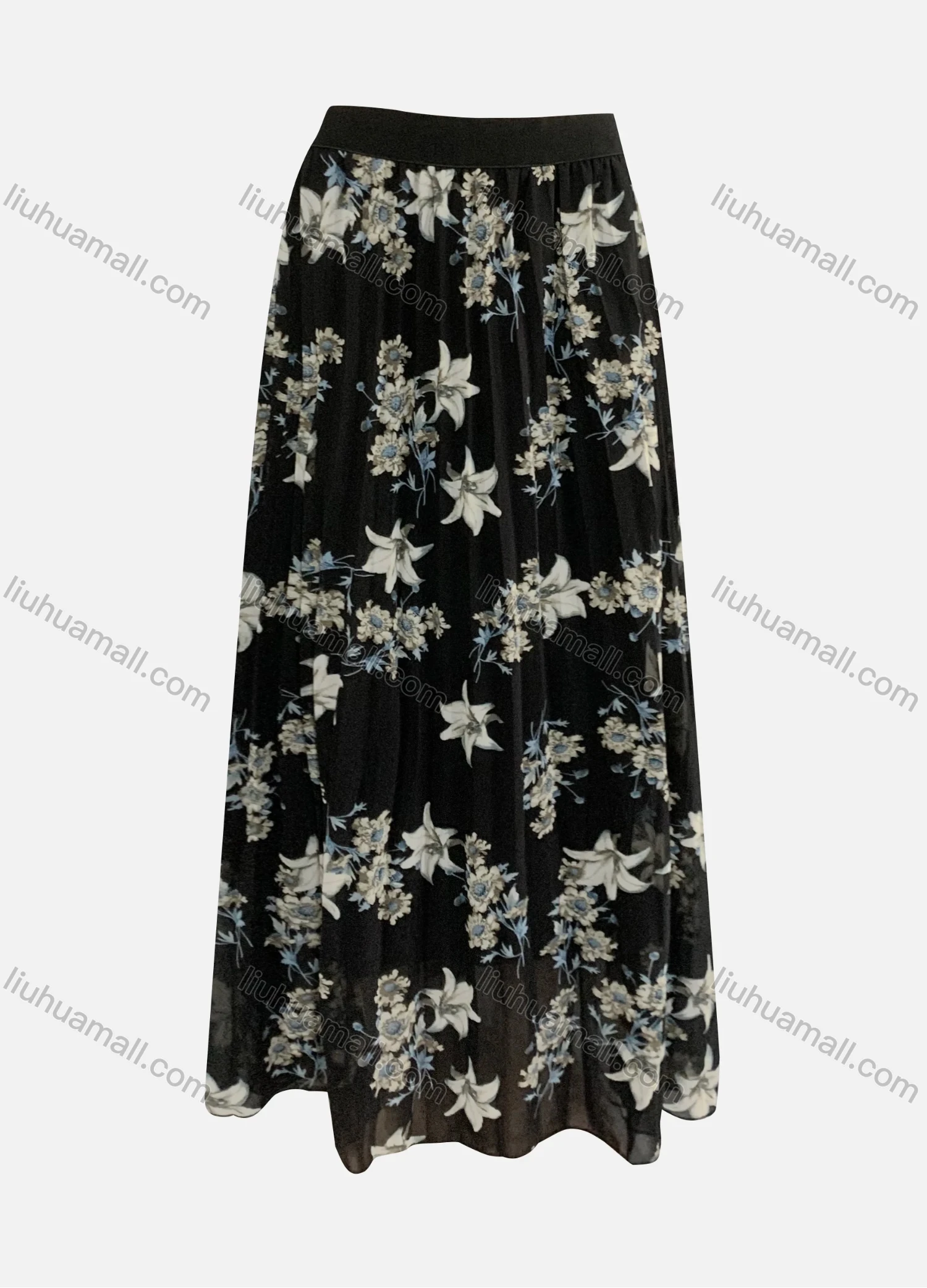 Wholesale Women's Casual Pleated Floral Print Contrast Elastic Waist Ruffle Hem Maxi Skirt - Liuhuamall