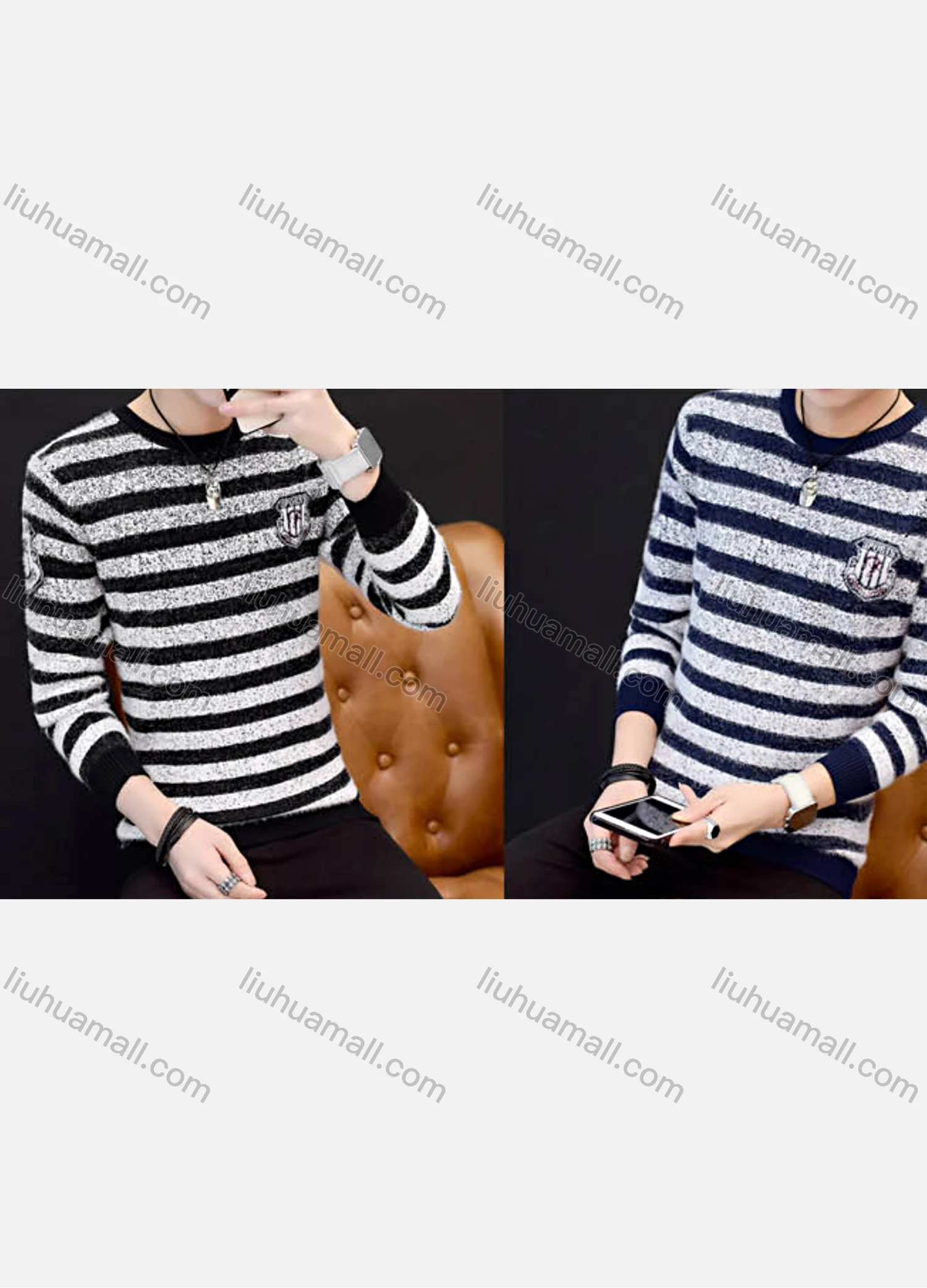 Wholesale Men's Casual Slim Fit Long Sleeve Patch Label Striped Knit Sweater - Liuhuamall