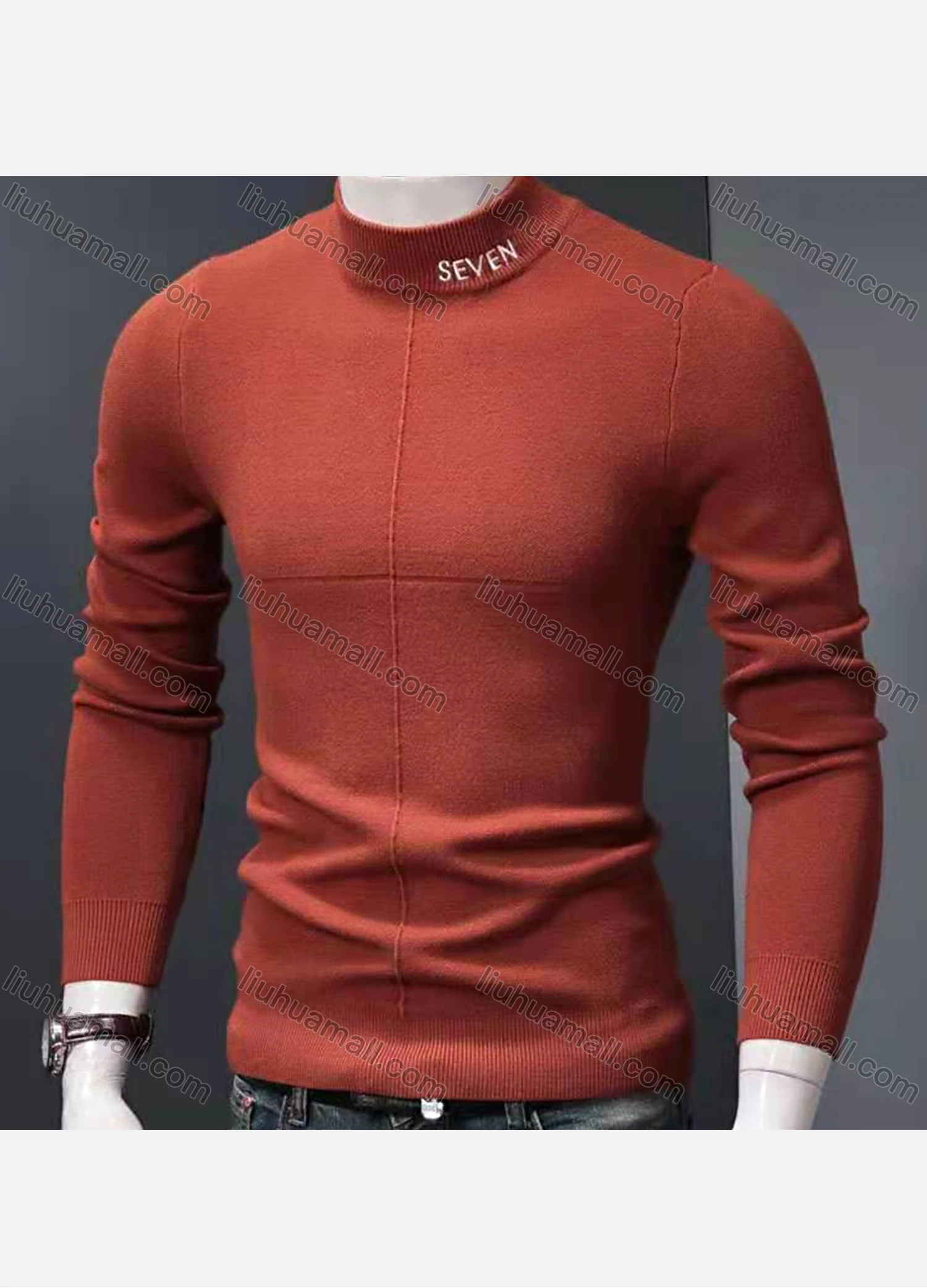 Wholesale Men's Casual Mock Neck Long Sleeve Emobridery Letter Plain Knit Sweater - Liuhuamall