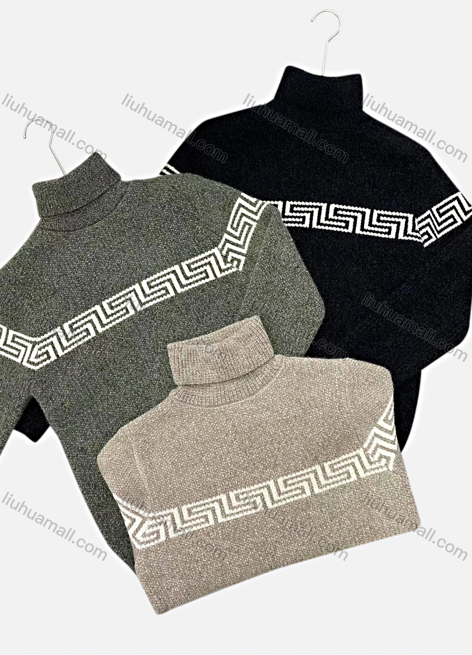 Wholesale Men's Casual Turtleneck Long Sleeve Geometric Print Knit Sweater - Liuhuamall