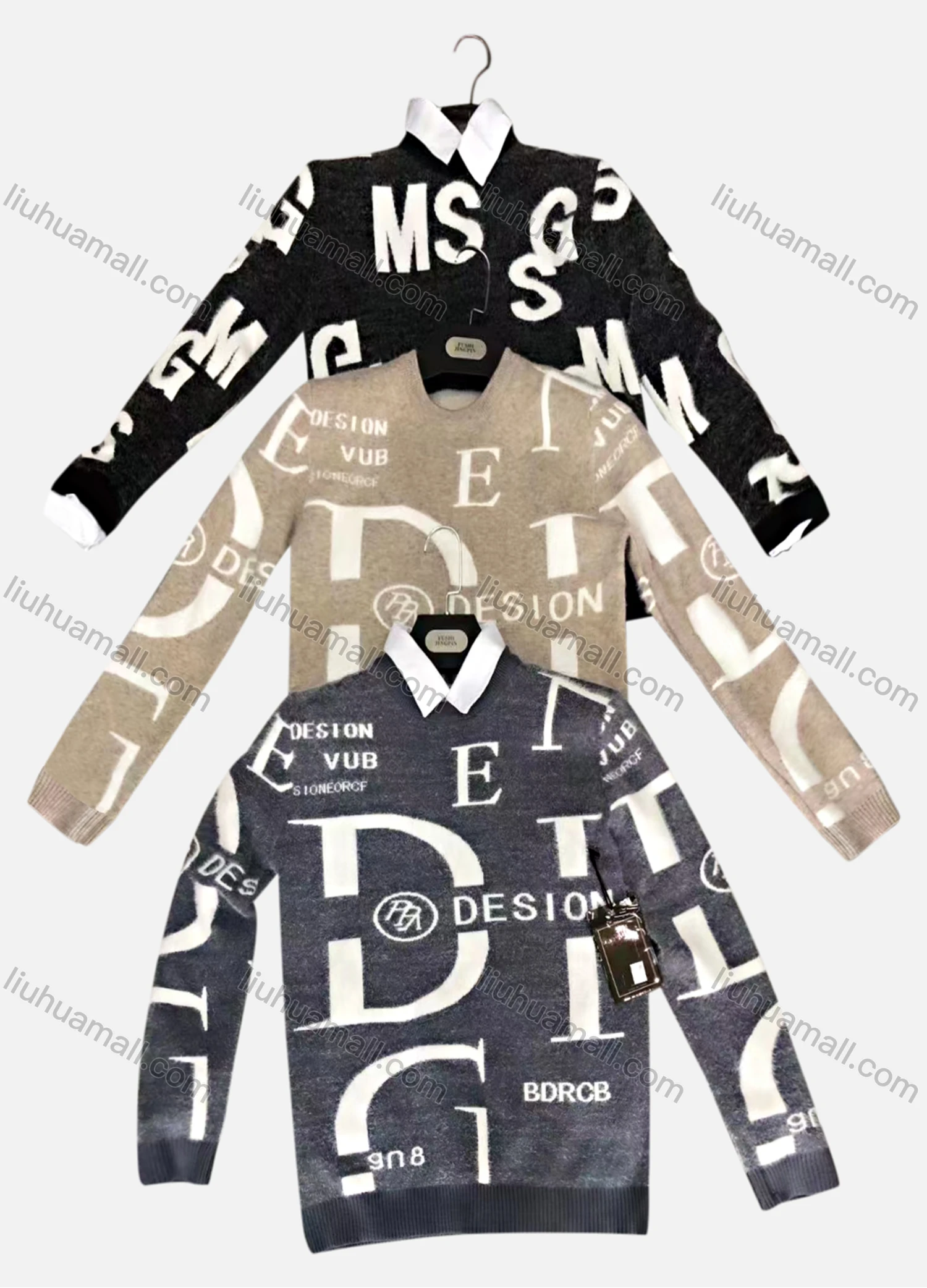 Wholesale Men's Casual Crew Neck Long Sleeve Letter Print Knit Sweater - Liuhuamall