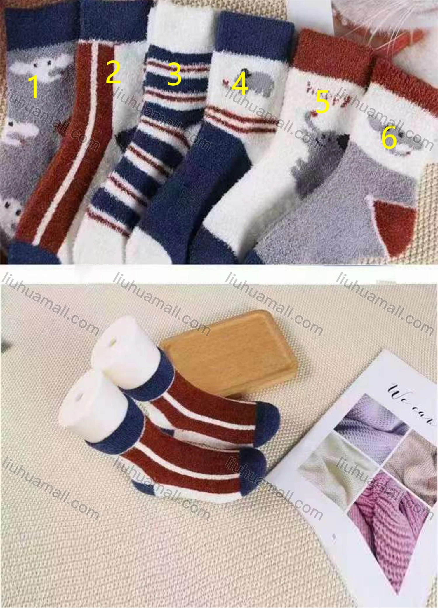 Wholesale Kid's Comfy Cartoon & Striped Print Crew Medium Coral Velvet Socks (10 pairs of socks in one package - Liuhuamall