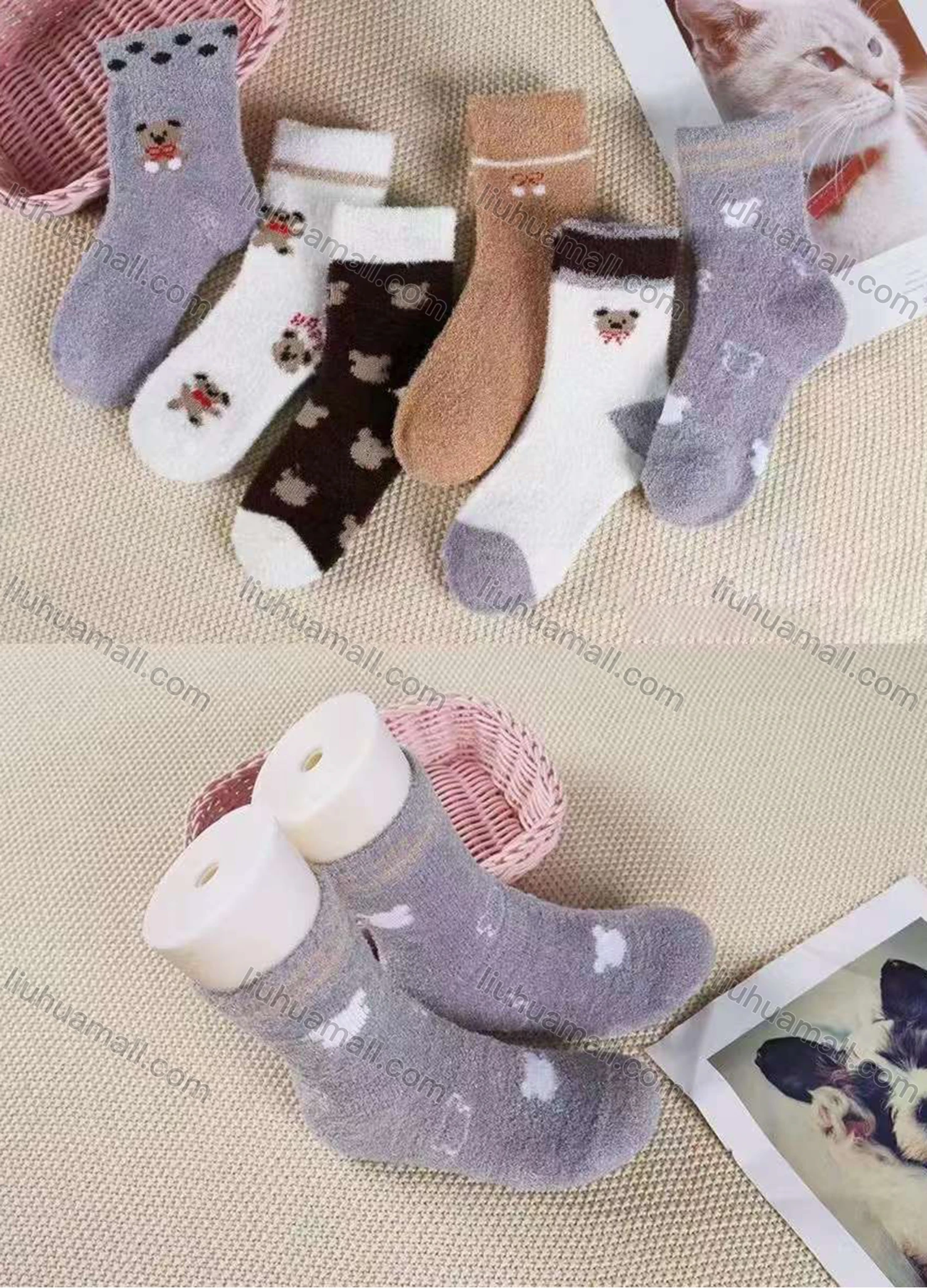 Wholesale Kid's Comfy Cartoon Print Crew Medium Coral Velvet Socks (10 pairs of socks in one package) - Liuhuamall