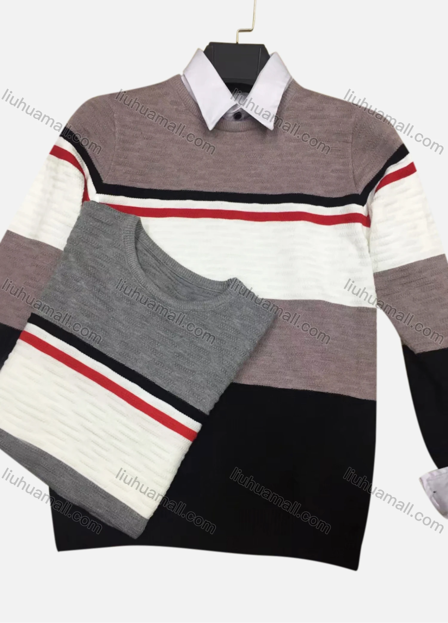 Wholesale Men's Casual Crew Neck Long Sleeve Colorblock Striped Knit Sweater - Liuhuamall