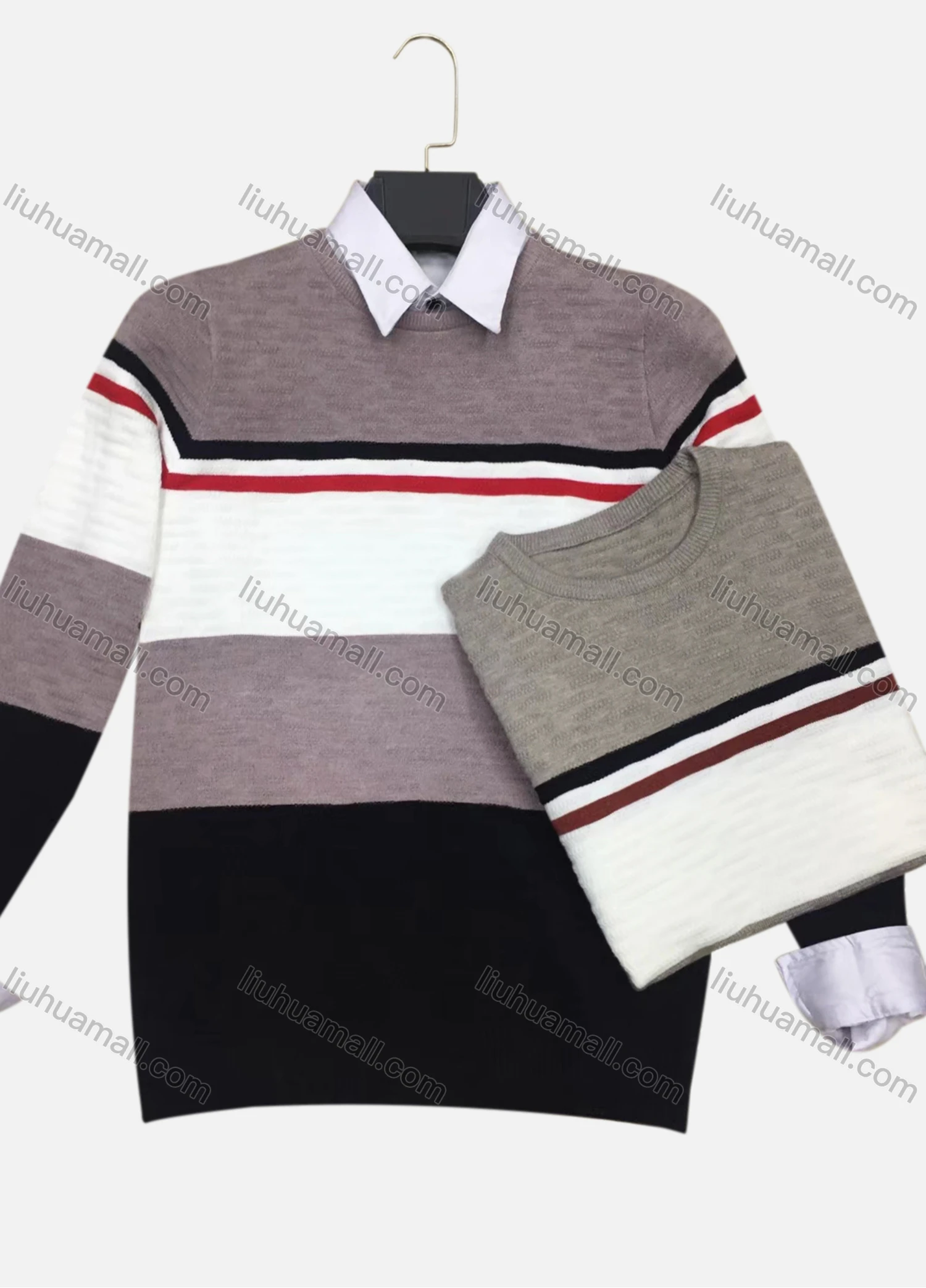 Wholesale Men's Casual Crew Neck Long Sleeve Colorblock Striped Knit Sweater - Liuhuamall