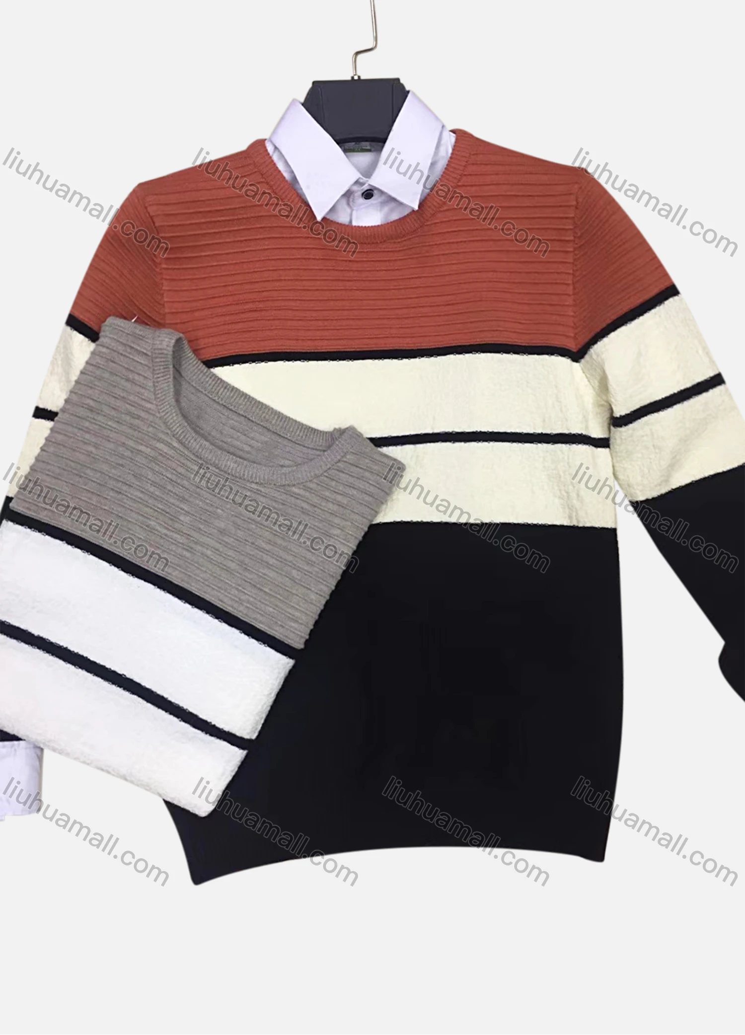 Wholesale Men's Casual Crew Neck Long Sleeve Colorblock Striped Knit Sweater - Liuhuamall