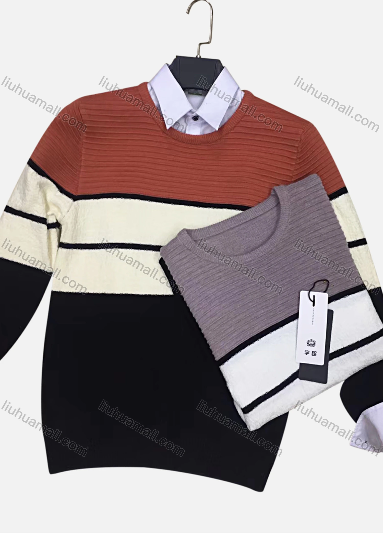 Wholesale Men's Casual Crew Neck Long Sleeve Colorblock Striped Knit Sweater - Liuhuamall