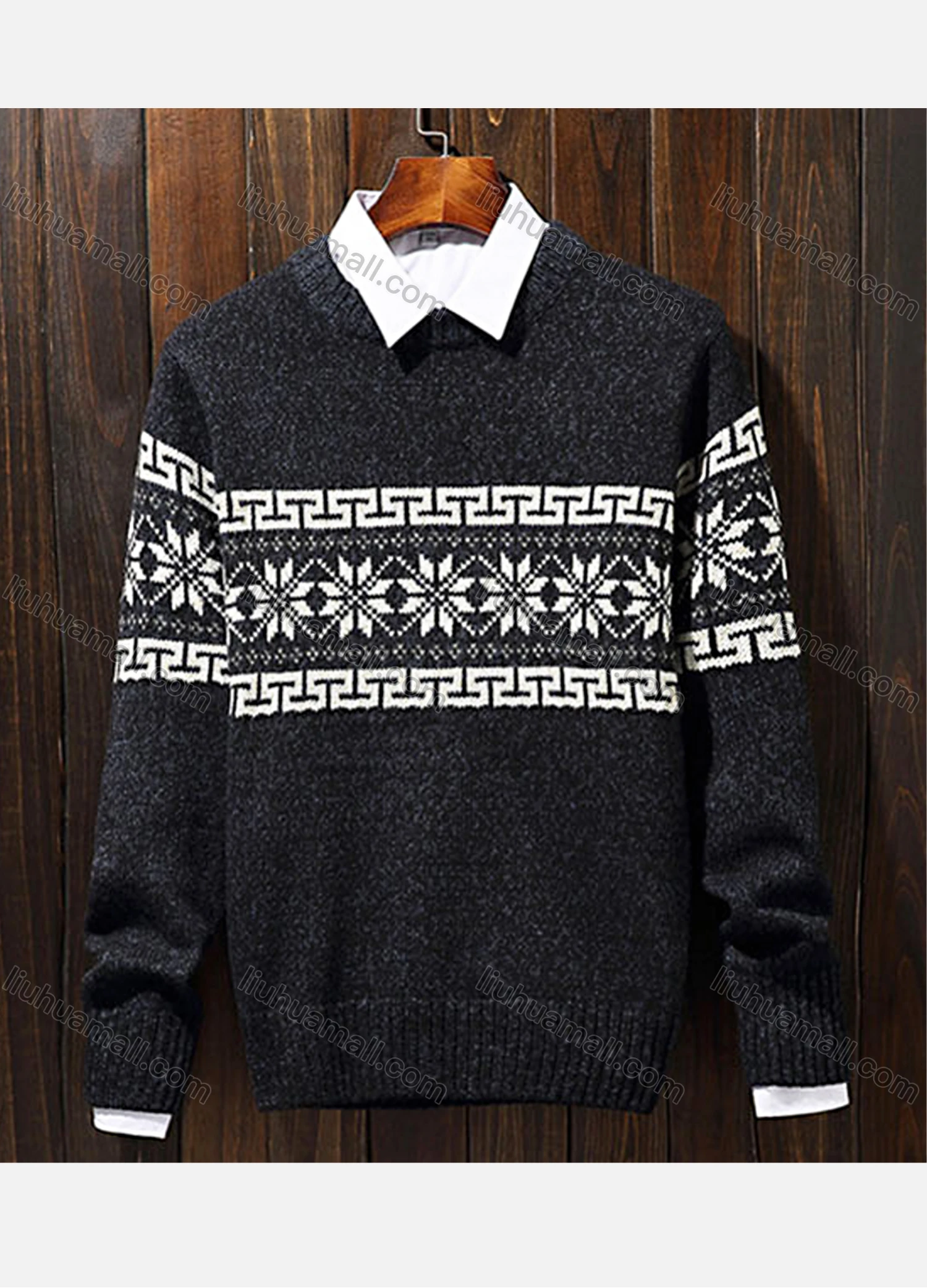 Wholesale Men's Casual Crew Neck Long Sleeve Retro Print Pullover Knit Sweater - Liuhuamall