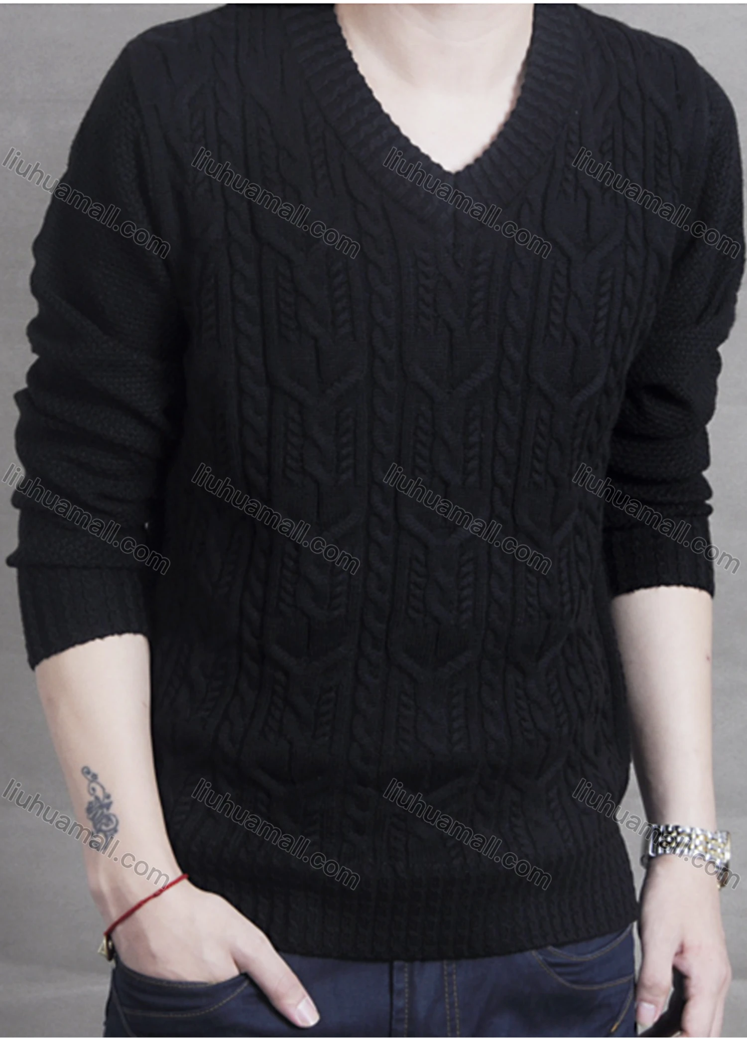 Wholesale Men's Casual V Neck Long Sleeve Pullover Cable Knit Sweater - Liuhuamall