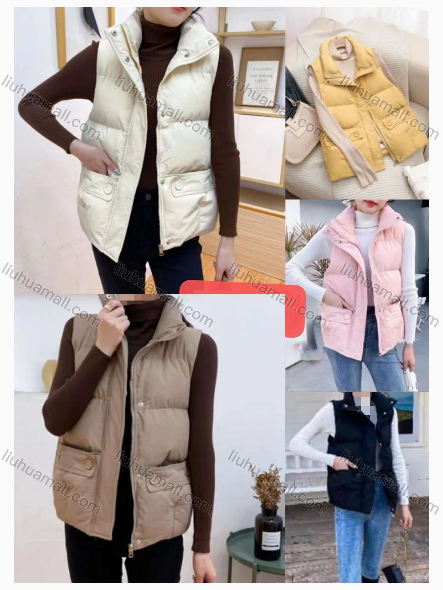 Wholesale Women's Causal Button Front Zipper Pockets Qualited Puffer Plain Vest - Liuhuamall
