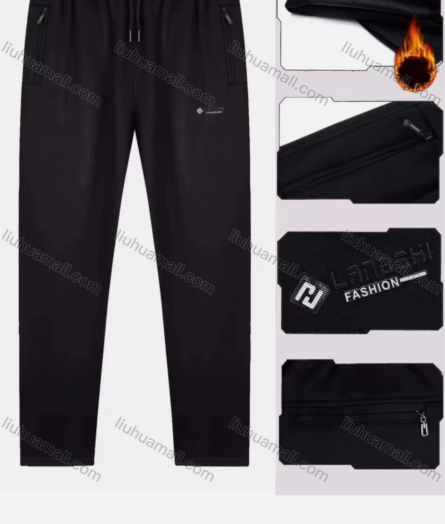 Wholesale Men's Sporty Plain Thermal Lined Drawstring Zipper Pockets Letter Pants - Liuhuamall