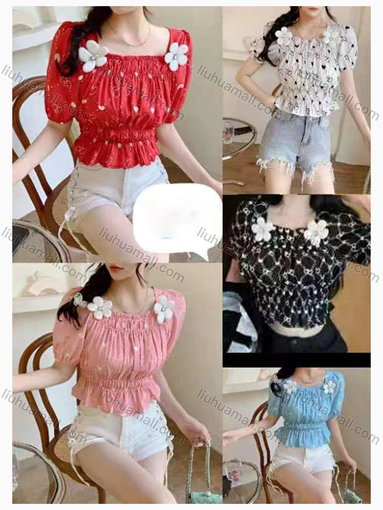 Wholesale Women's Fashion Square Neck Puff Sleeve Allover Print Blouse - Liuhuamall