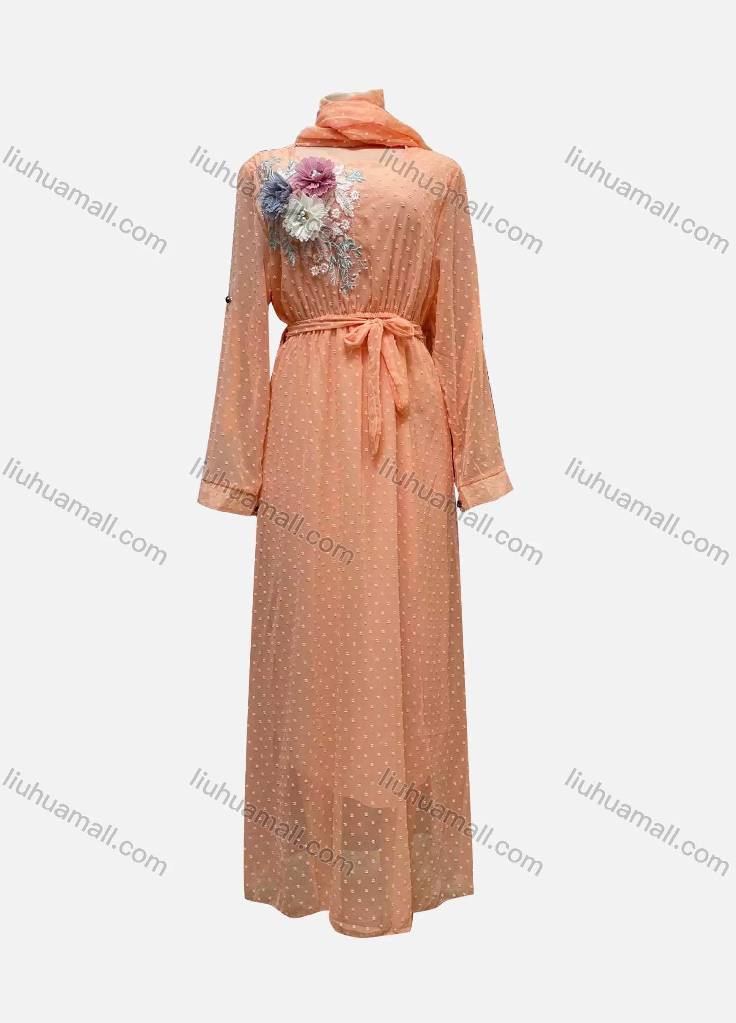 Wholesale Women's Floral Applique Swiss Dot Tie Front Long Sleeve Ruffle Hem Maxi Dress With Scarf - Liuhuamall