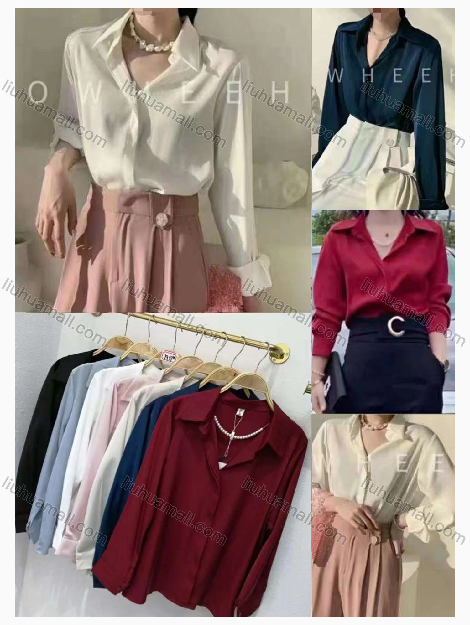 Wholesale Women's Casual V Neck Long Sleeve Plain Blouse - Liuhuamall