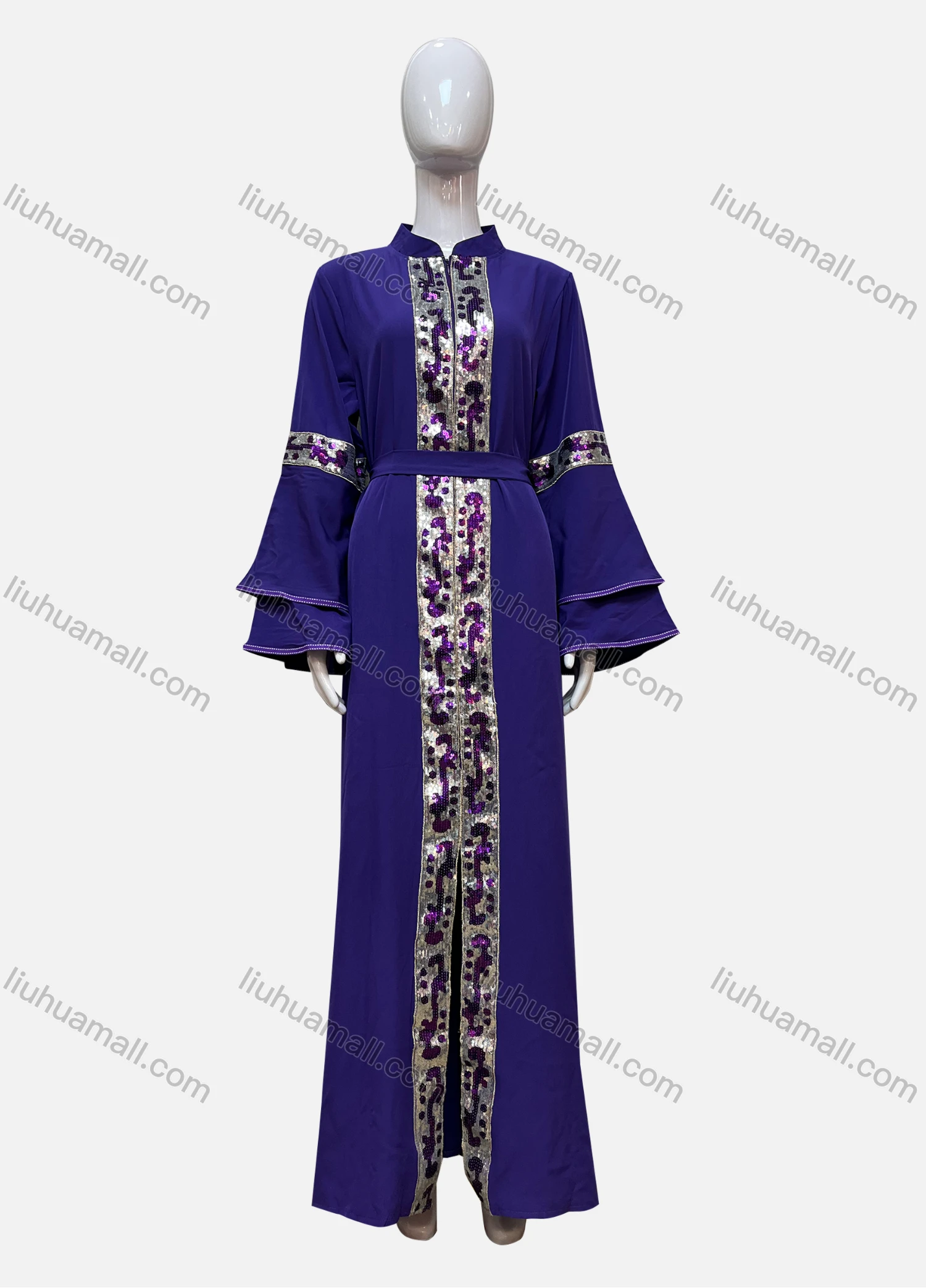 Wholesale Women's Mock Neck Sequin Zipper Layered Sleeve Maxi Dress With Belt - Liuhuamall