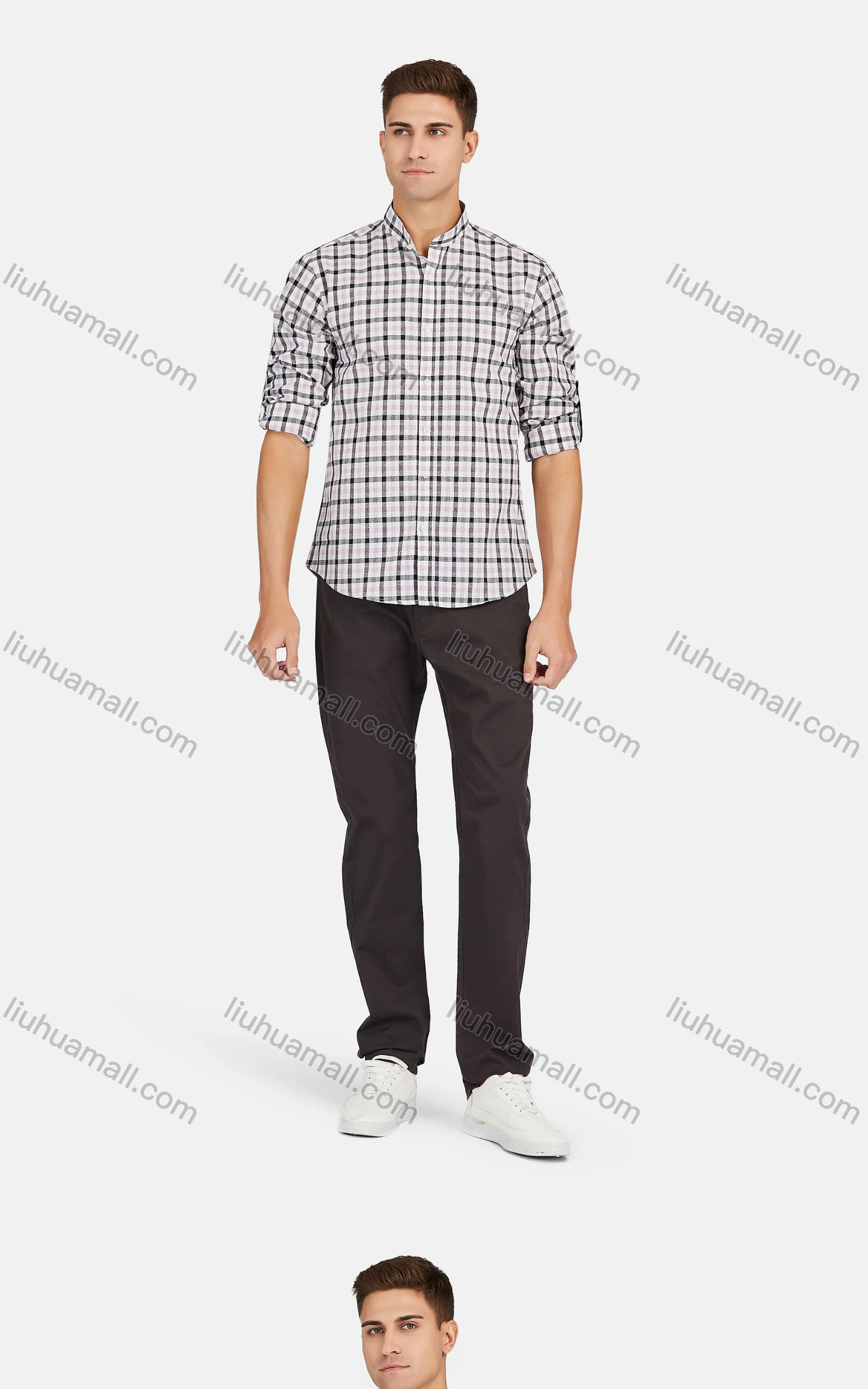 Wholesale Men's Slim Fit Mandarin Collar Long Sleeve Button Down Gingham Shirts - Liuhuamall